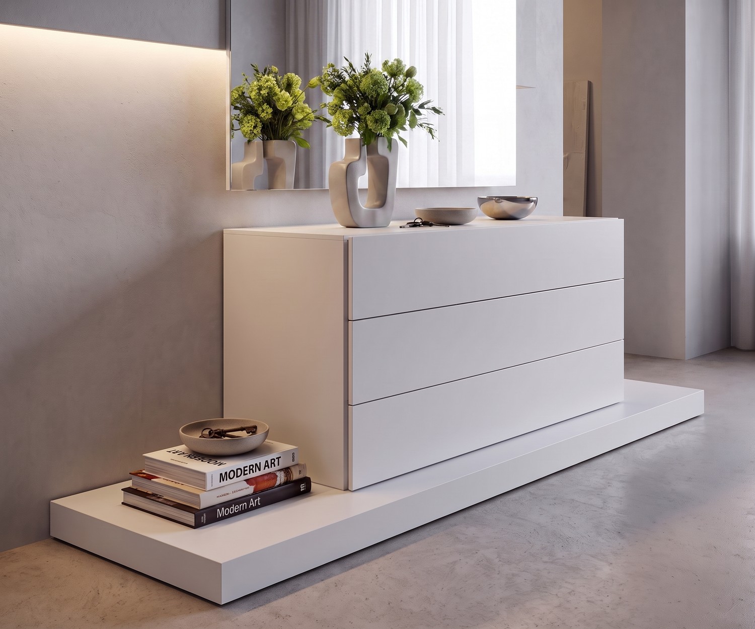 Moderne Design Kommode Easy mit 3 Schubladen Easy Design Kommode von Novamobili mit 3 Schubladen in Weiß, minimalistisches Sideboard fürs Schlafzimmer
