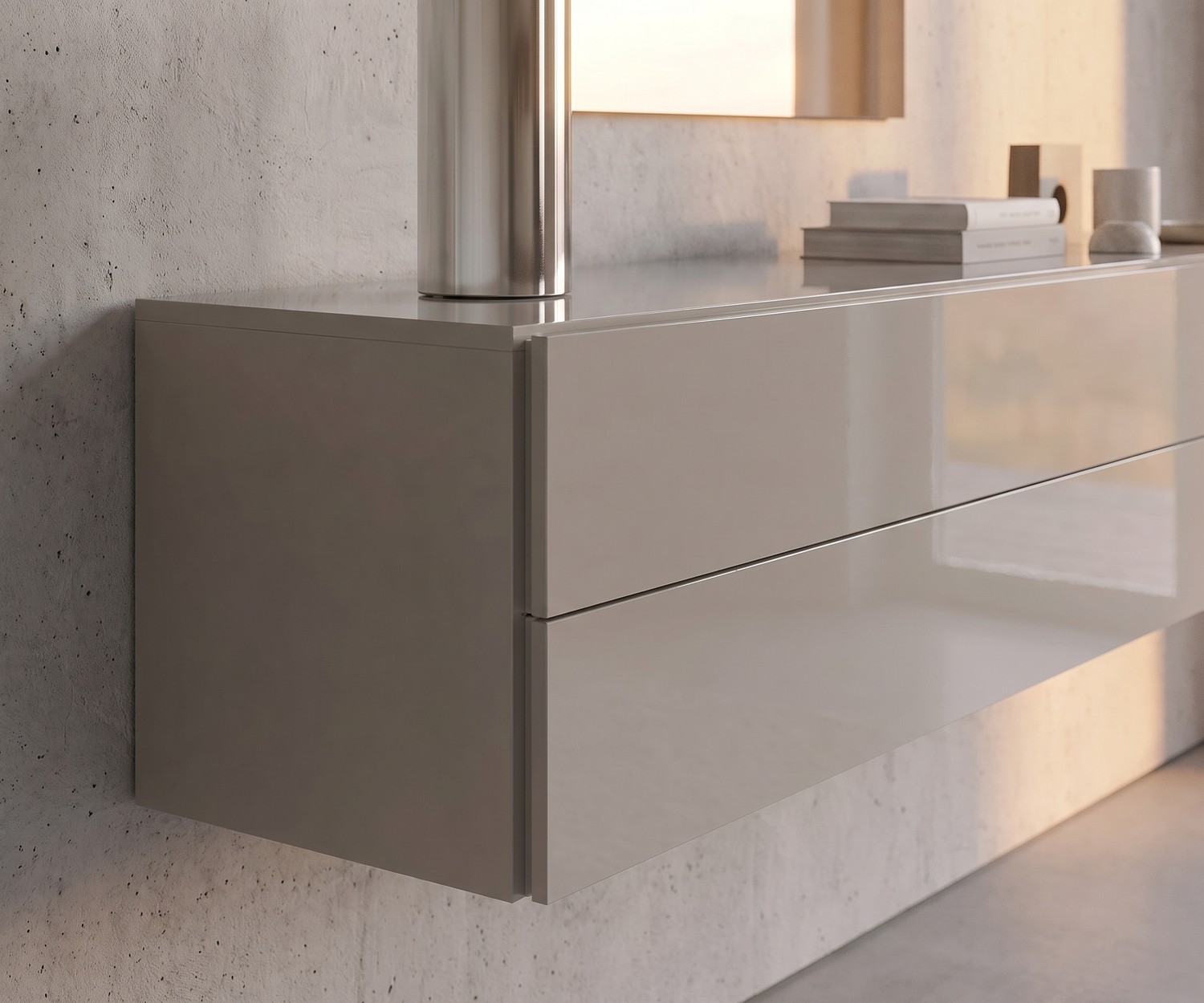 Novamobili Hängekommode Easy in Sand Hochglanz Hängekommode Easy von Novamobili in Sand Hochglanz für das Wohnzimmer im minimalistischen Design vor einer Betonwand.