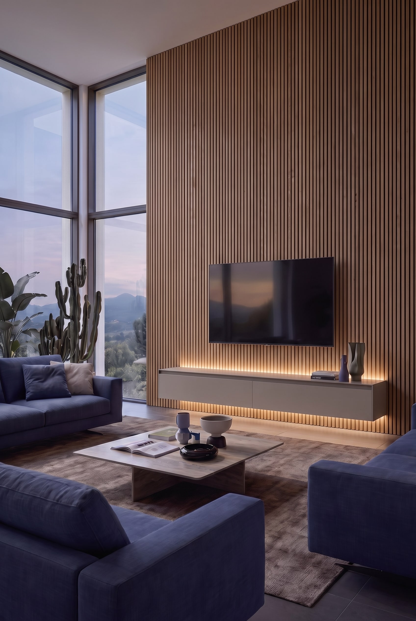 Living room with a wide view outside, wooden slat wall and a floating TV lowboard in matte beige