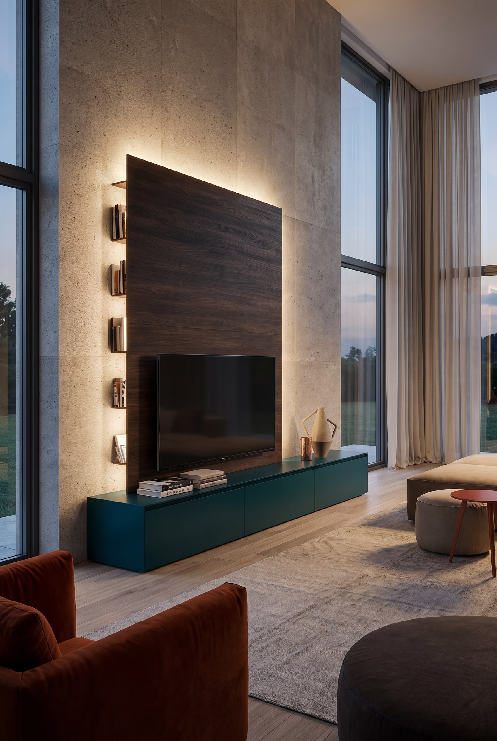 Luxurious TV wall with dark wood panel and integrated flat screen in a living room with extremely high ceilings