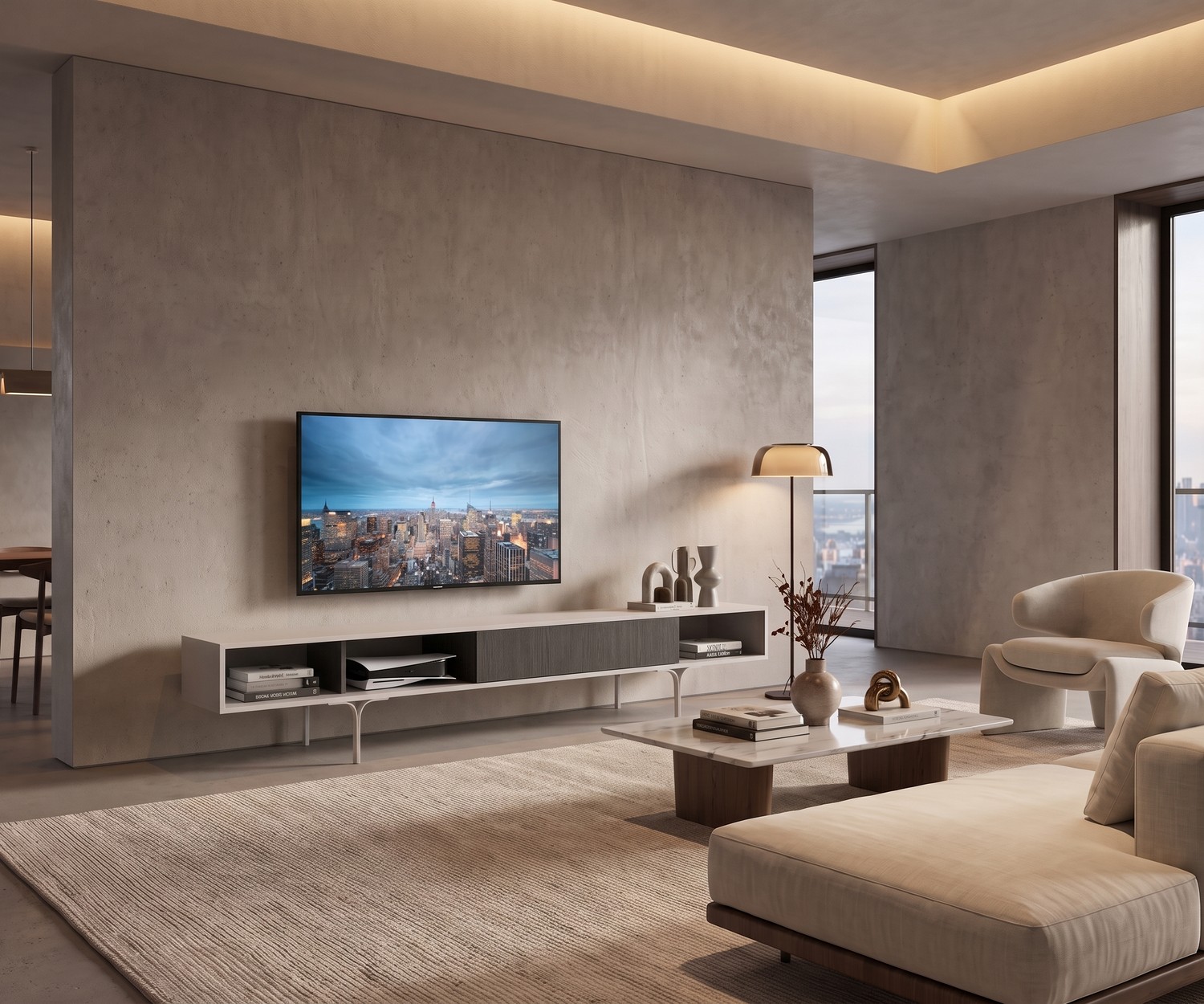 al2 Mobius 005 TV Lowboard im minimalistischen Wohnzimmer, moderner TV-Schrank mit Eukalyptusholz-Schublade.