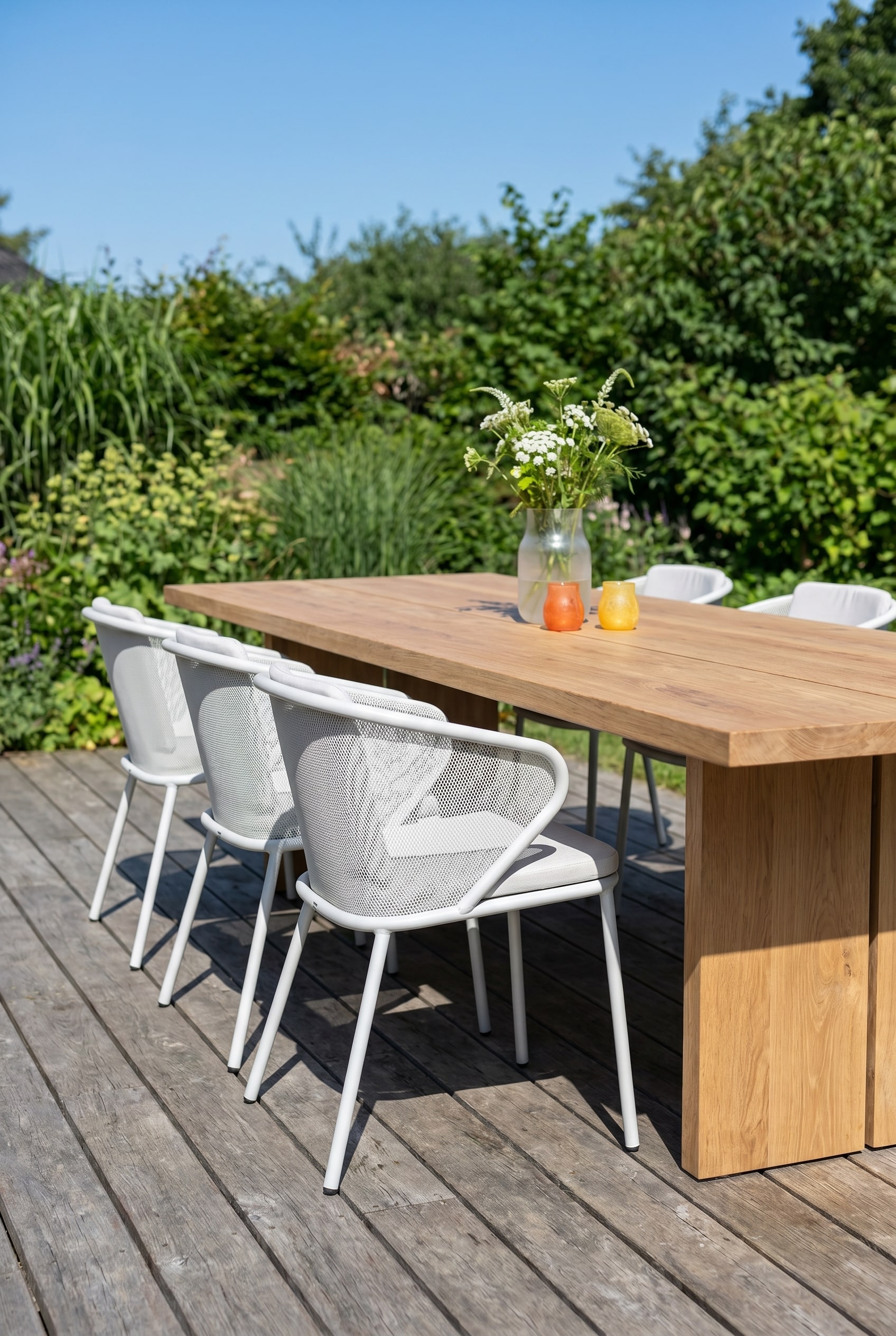 Fauteuil filigrane Todus Condor en tube d'acier thermolaqu&eacute; &agrave; c&ocirc;t&eacute; d'une table massive en ch&ecirc;ne sur une terrasse moderne.
