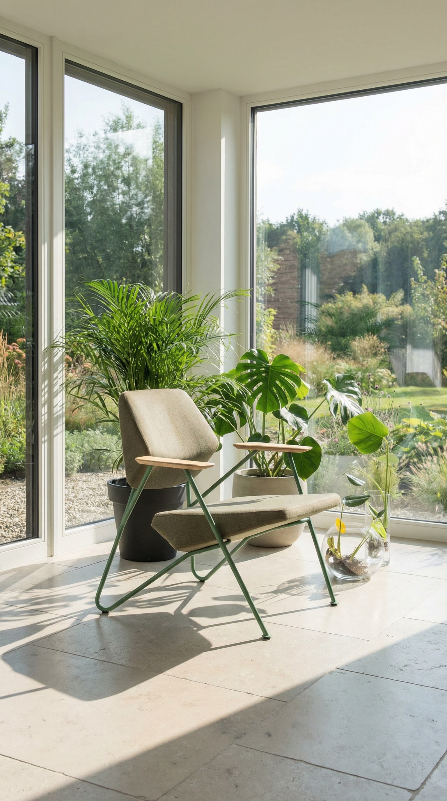 Fauteuil lounge g&eacute;om&eacute;trique avec structure verte et coussins beiges devant de grandes plantes d'int&eacute;rieur
