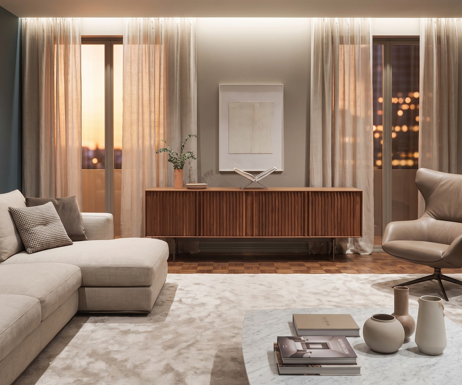 Walnuss Design Sideboard mit Lamellen Design Sideboard ka-bera 003 A für das Wohnzimmer aus Walnuss mit Lamellen-Türen, moderner Einrichtungsstil.