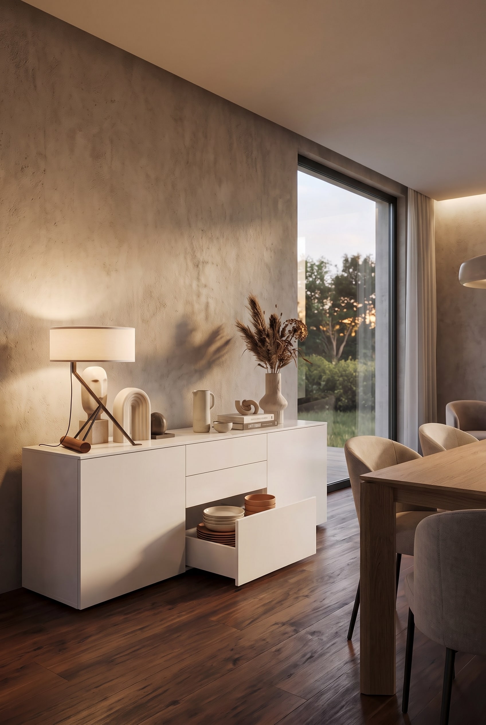 Een modern dressoir in de eetkamer, waarvan de diepe laden een elegante opbergoplossing bieden voor stapels borden en servies.
