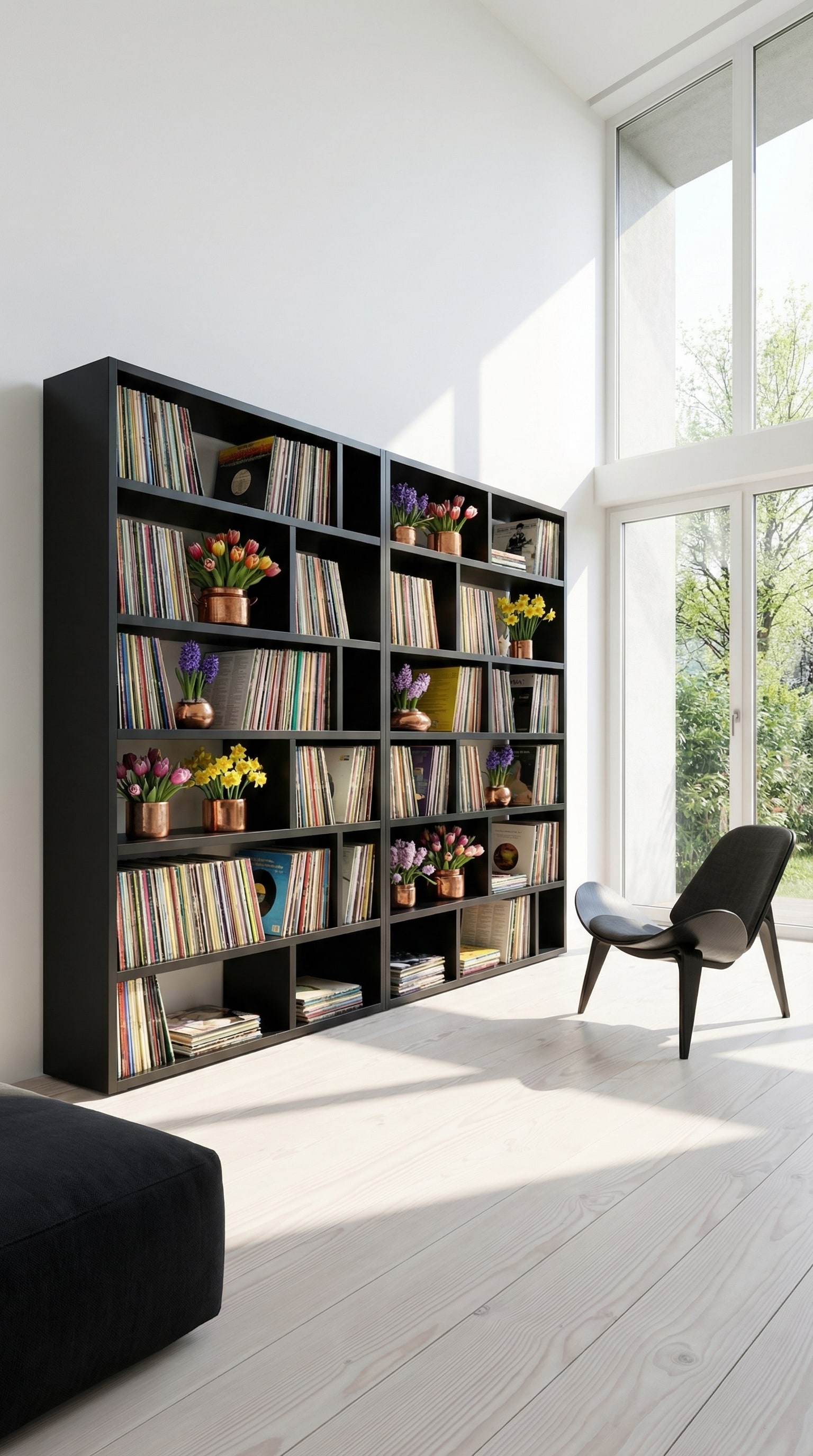Dark, large shelving system with colorful records as a contrast
