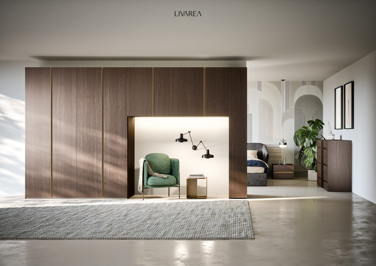 Wunderschoen furnierter offen zugaenglicher kleiderschrank in dunkler eiche mit nische fuer sessel und beistelltisch Wunderschoen furnierter offen zugaenglicher kleiderschrank in dunkler eiche mit nische fuer sessel und beistelltisch