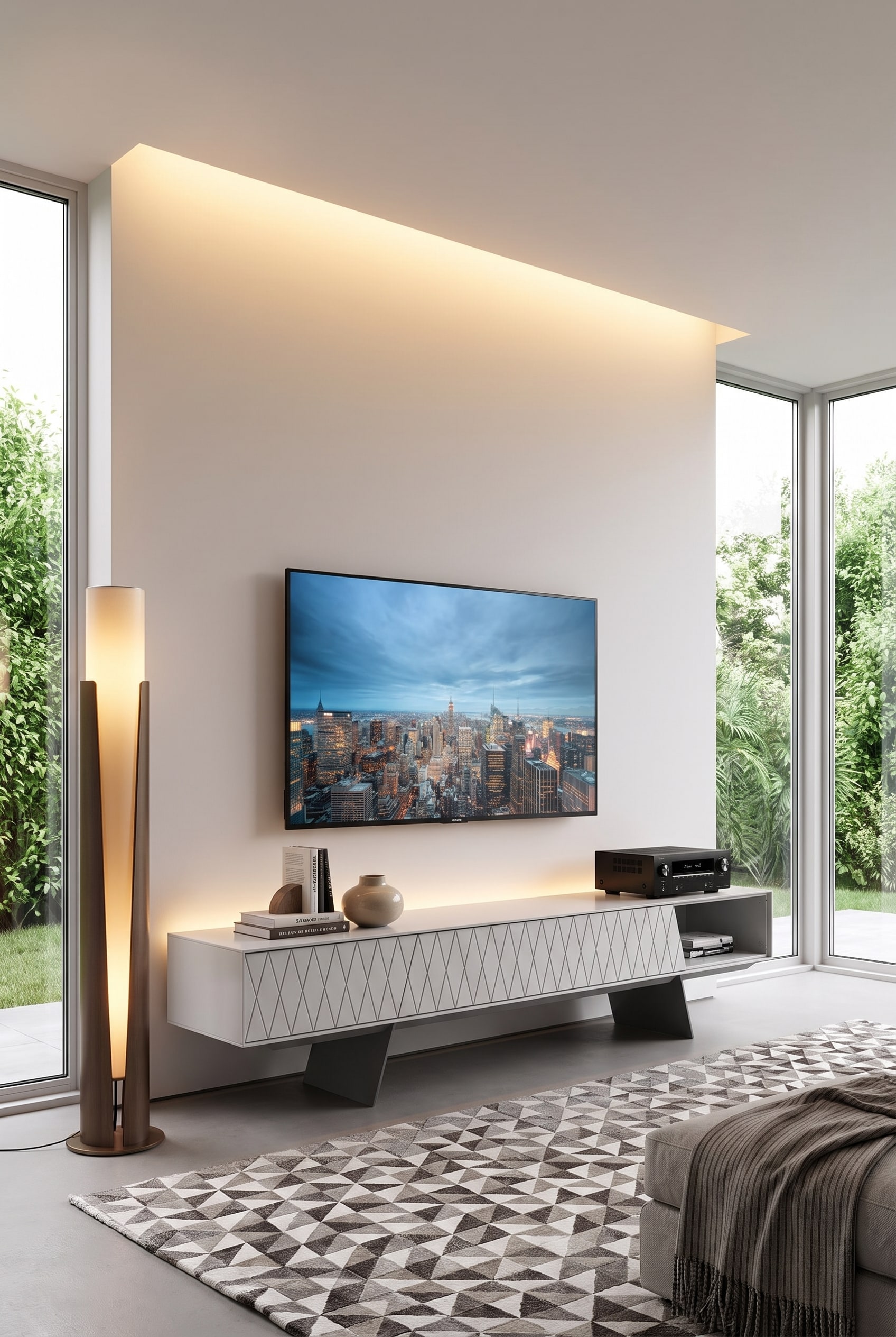 Minimalistische woonkamer met plat al2 e-klipse 008 Lowboard en daarop geplaatste flatscreen