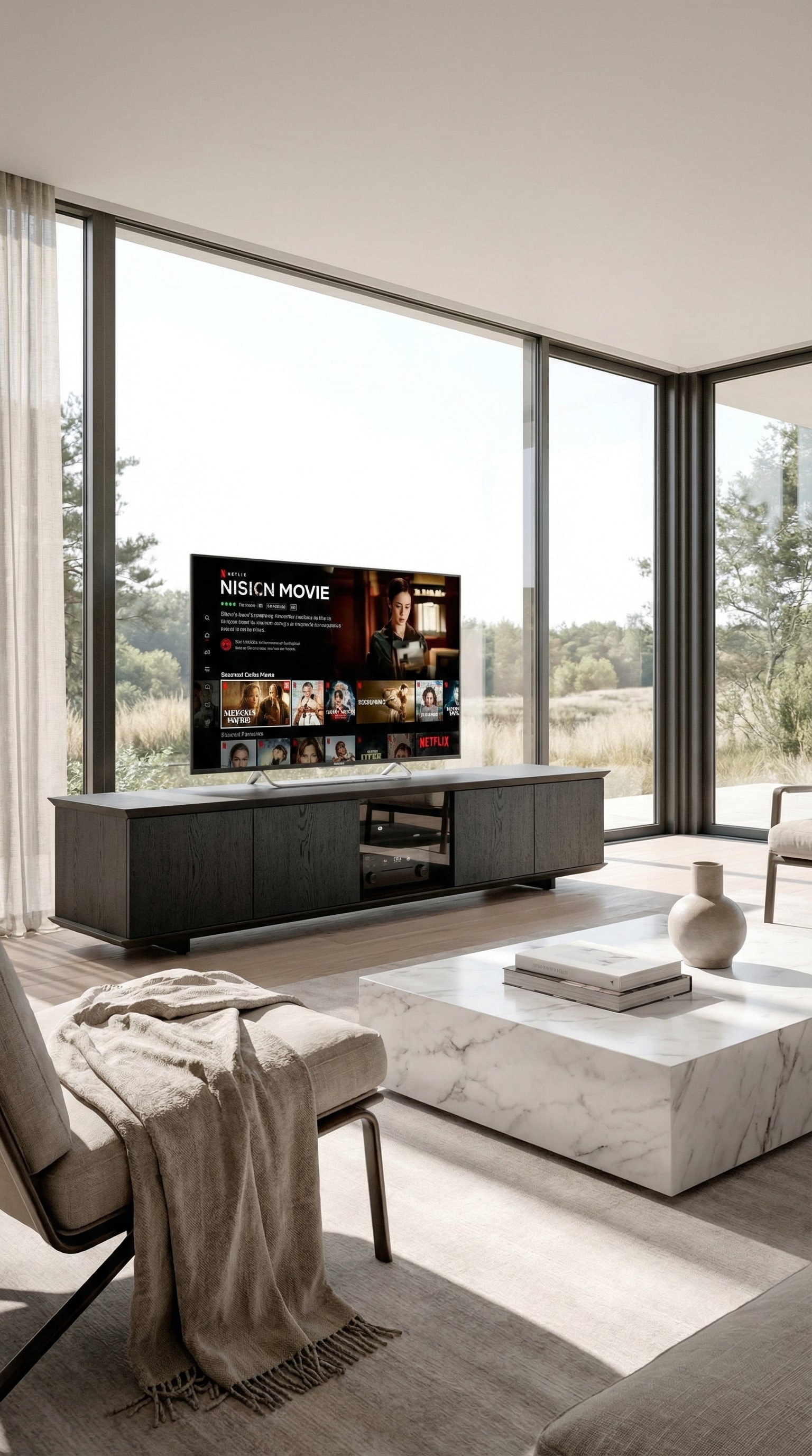 Ozzio Brera TV Media Lowboard with invisible technology integration in a bright living room