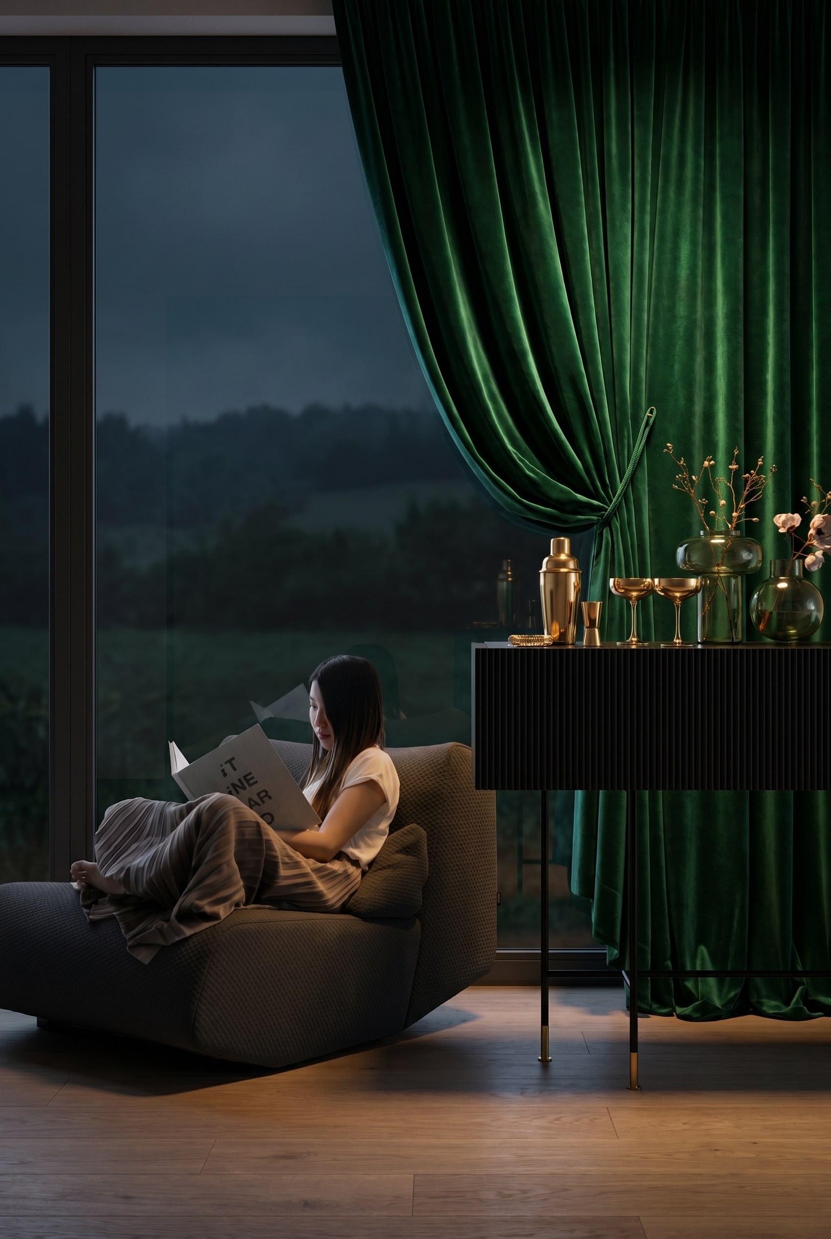 Elegante mobile bar nero con frontale a scanalature in una lussuosa lounge con pesanti tende di velluto verde smeraldo e cuscini verde scuro