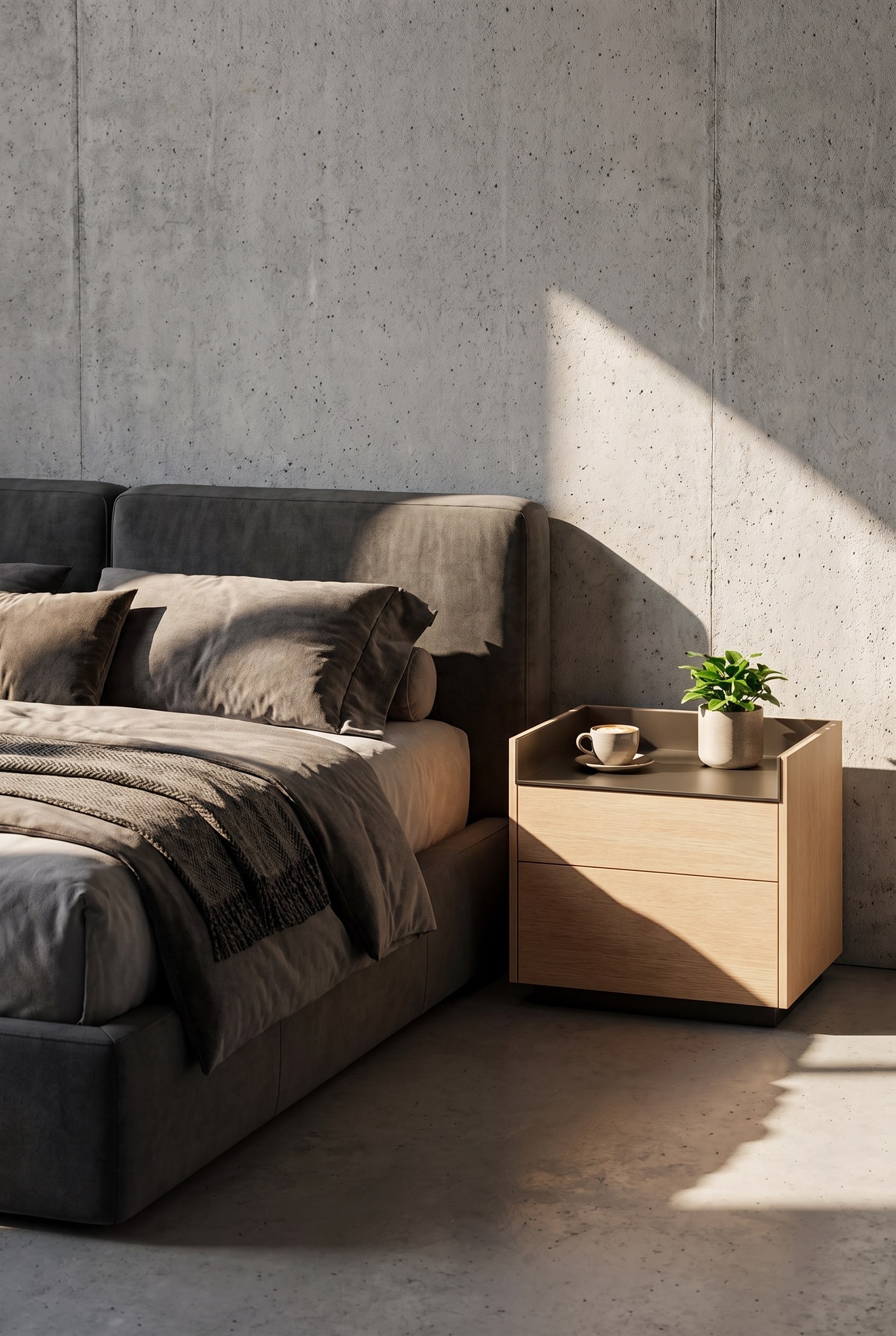 Nachtkastje Punt Stockholm met warm eikenfineer en een edele aluminium afdekplaat in de modern ingerichte slaapkamer.