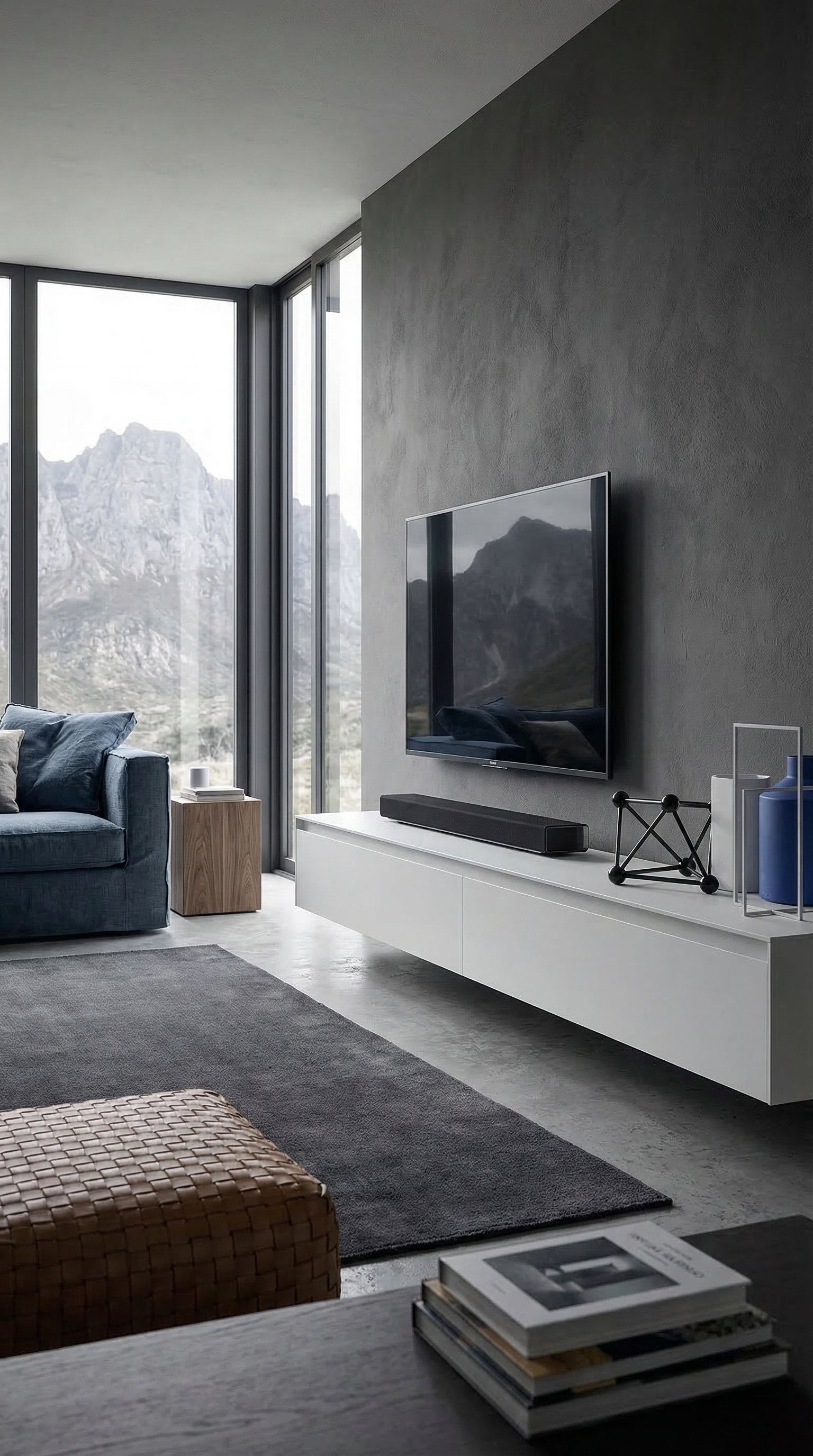 Ein weißes, mattes, sehr langes Design-Lowboard in einem modernen Wohnraum mit grauer Wand und blauen Akzenten. Ein weißes, mattes, sehr langes Design-Lowboard in einem modernen Wohnraum mit grauer Wand und blauen Akzenten.