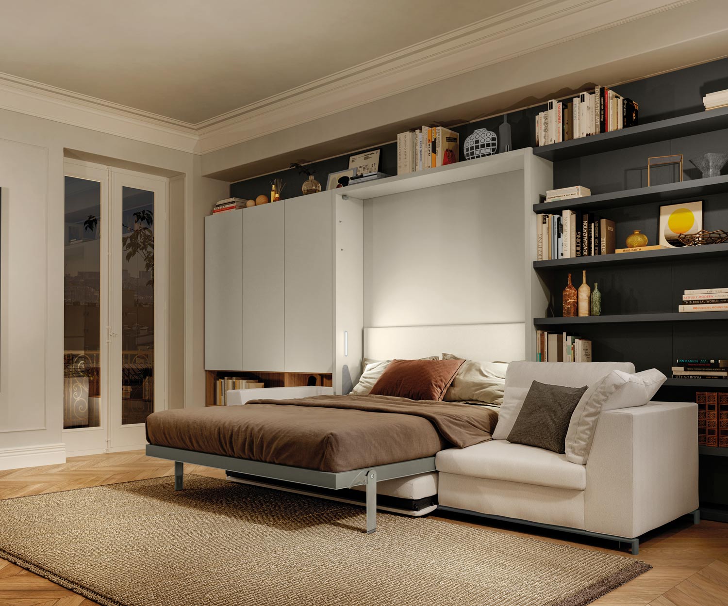 Modernes Wohnzimmer mit Schrankbett und Sofa