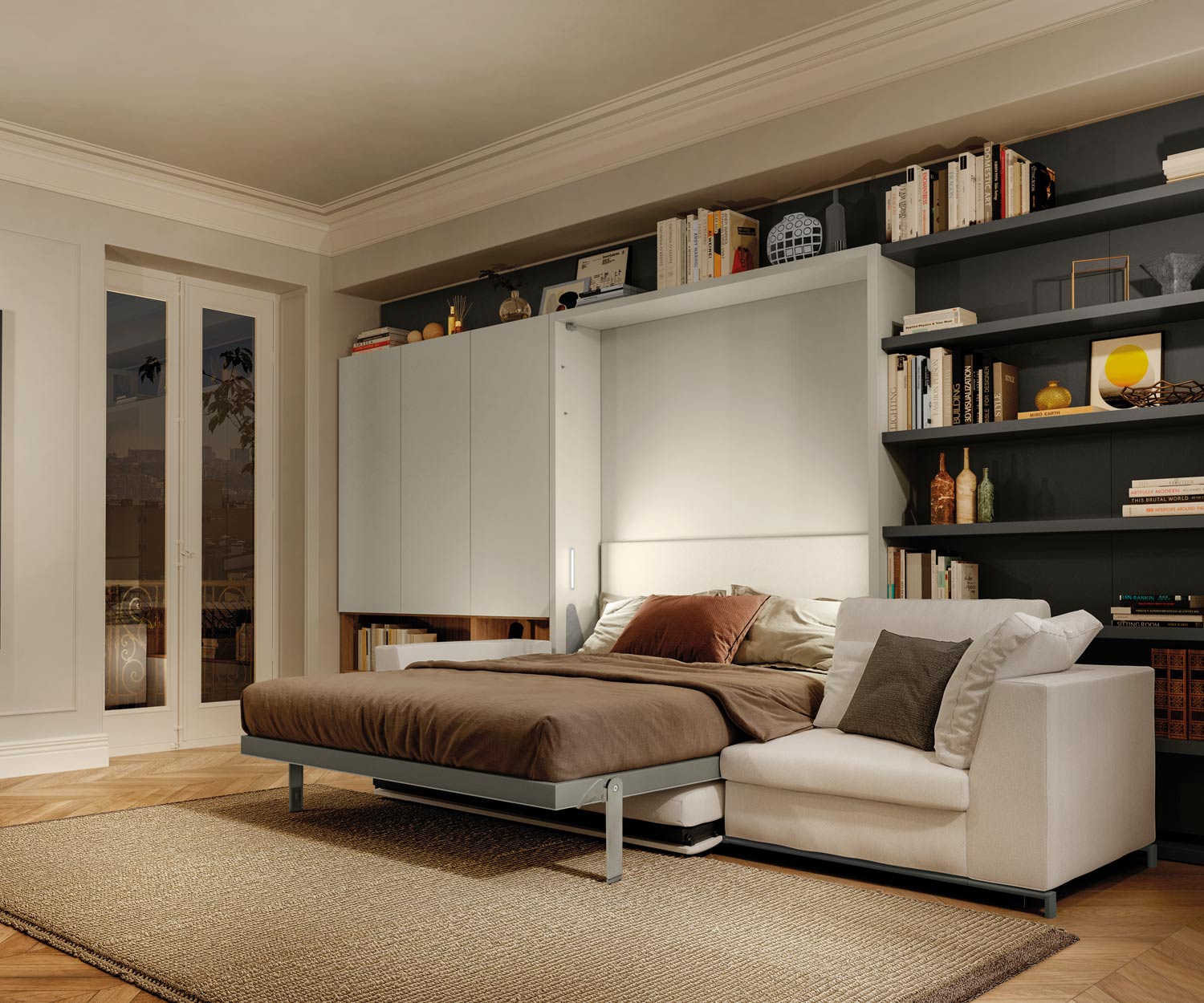 Modernes Wohnzimmer mit Schrankbett und Sofa Modernes Wohnzimmer mit Schrankbett und Sofa