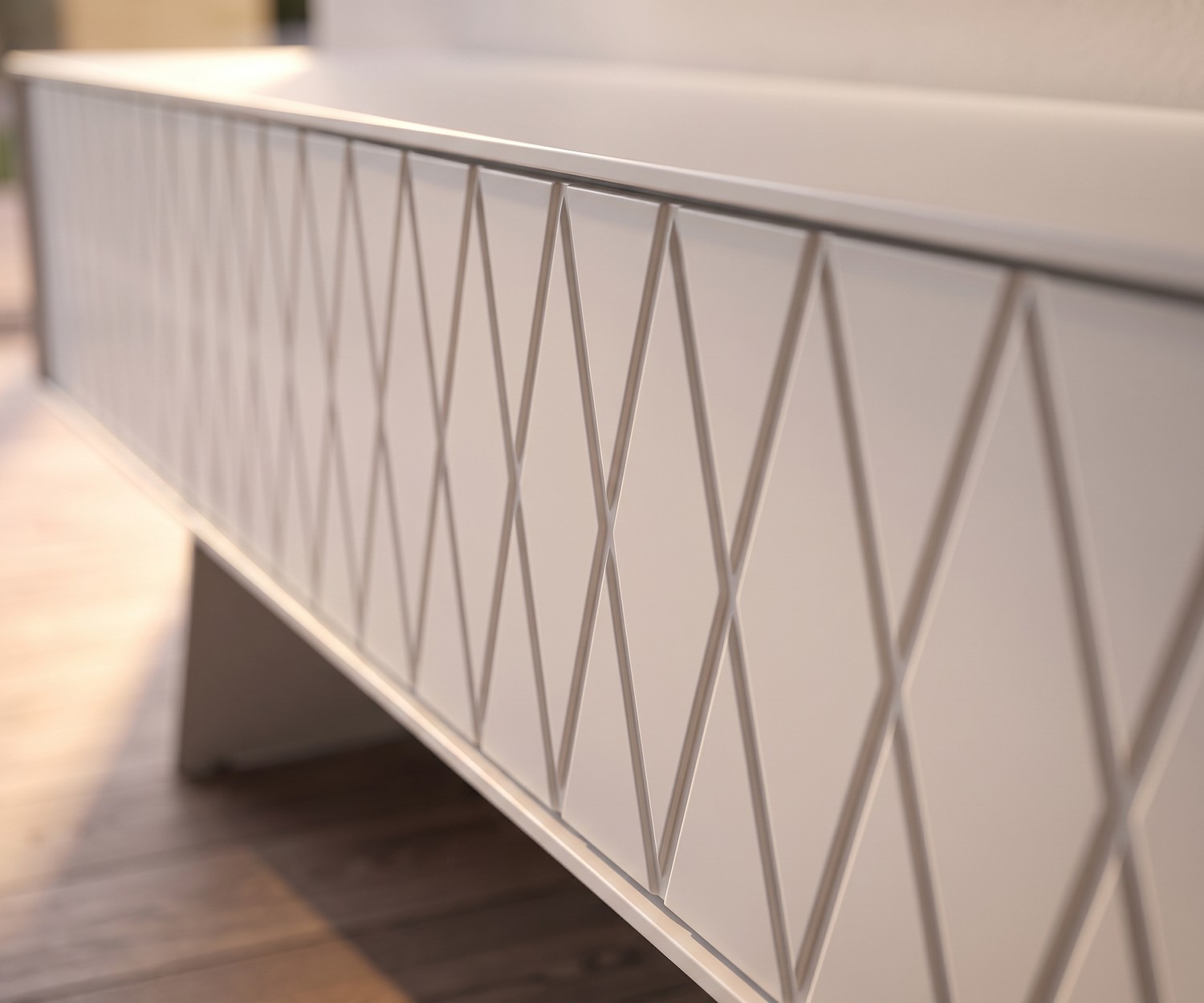 al2 e-klipse 008 TV-Lowboard mit Rautenmuster al2 e-klipse 008 TV-Lowboard fürs Wohnzimmer, moderne Front mit Rautenmuster in Mattweiß, minimalistischer Stil.