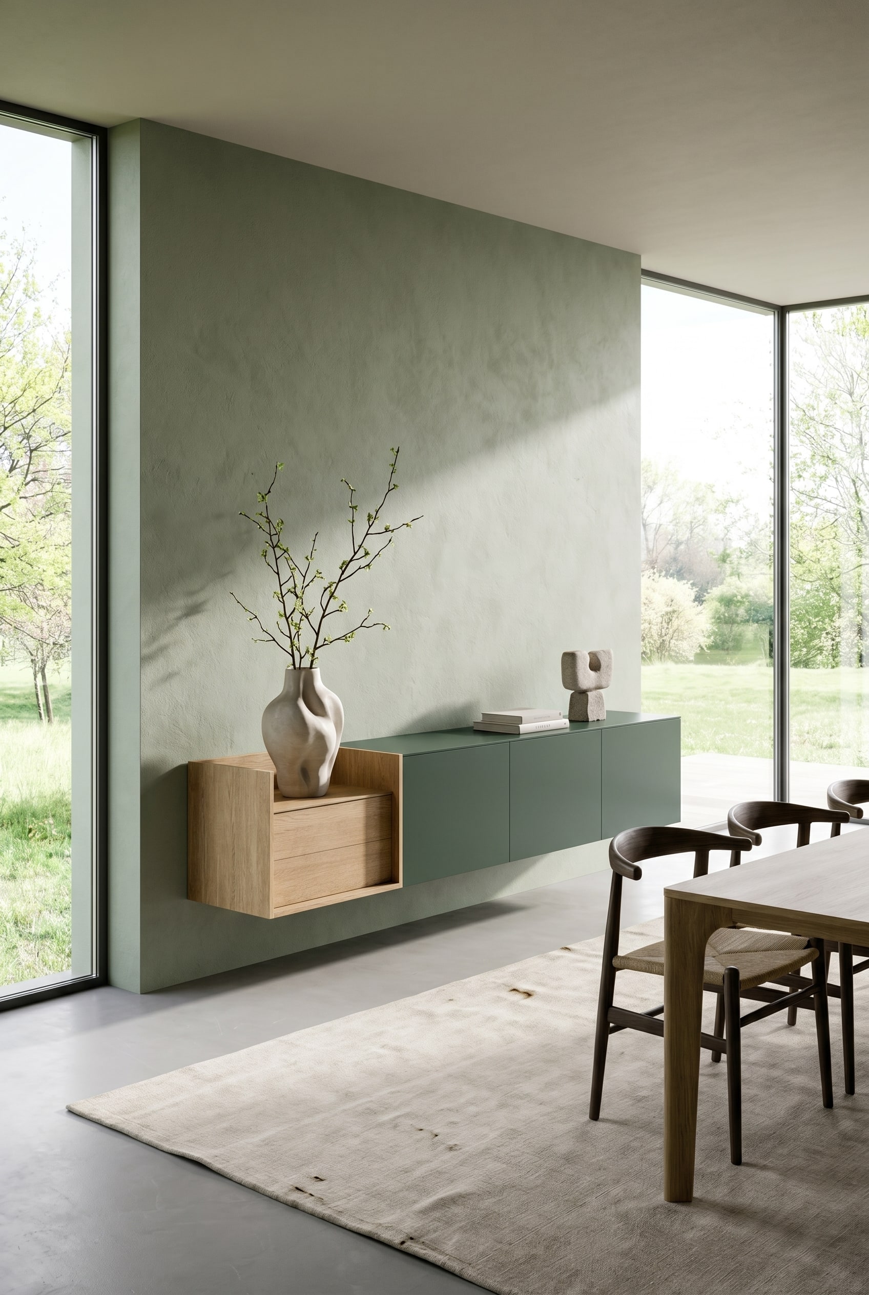 Matte sage green wall sideboard in a modern living room with plenty of natural light