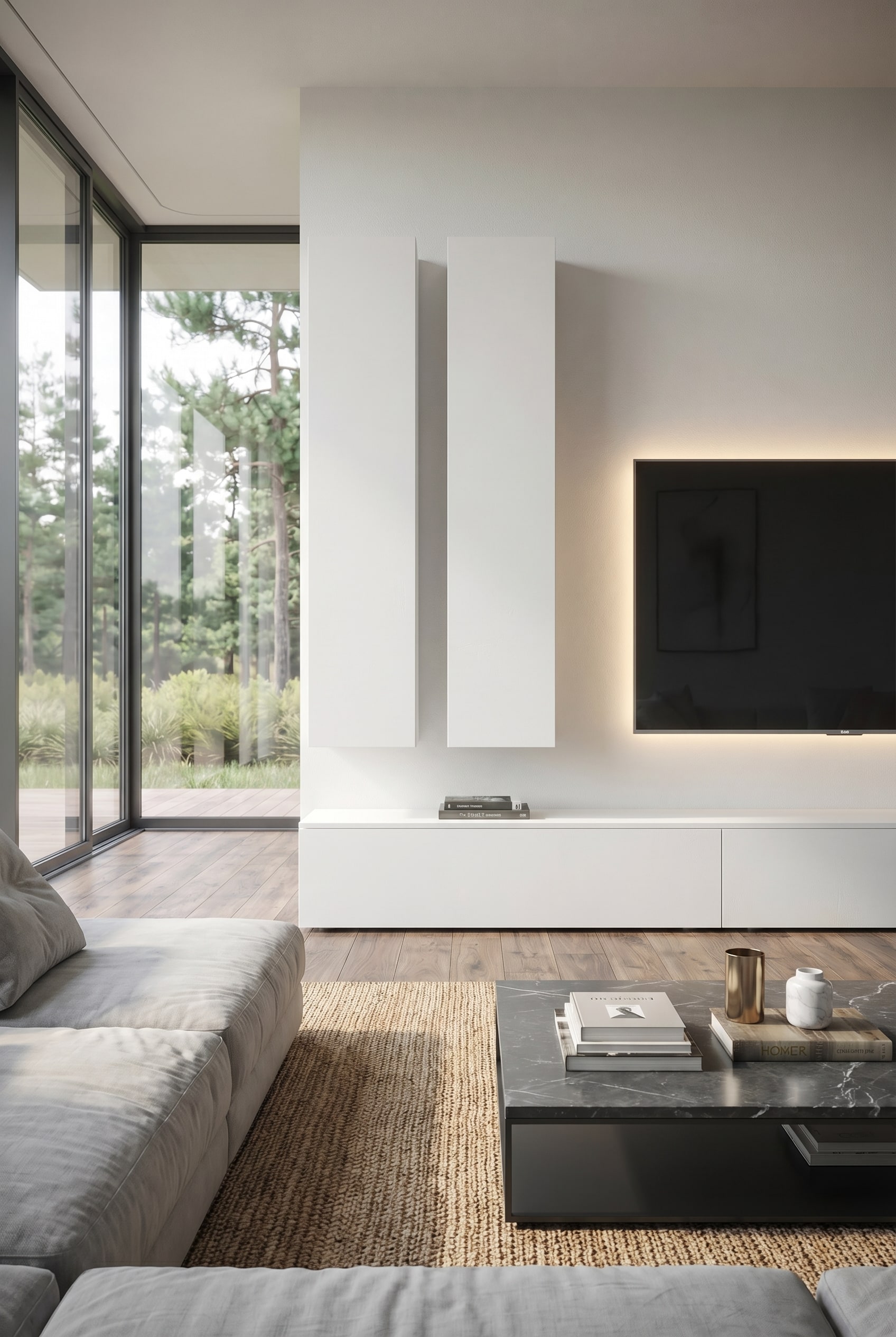 Asymmetrisch vormgegeven woonwand C106 in mat wit als centrale blikvanger in de woonkamer