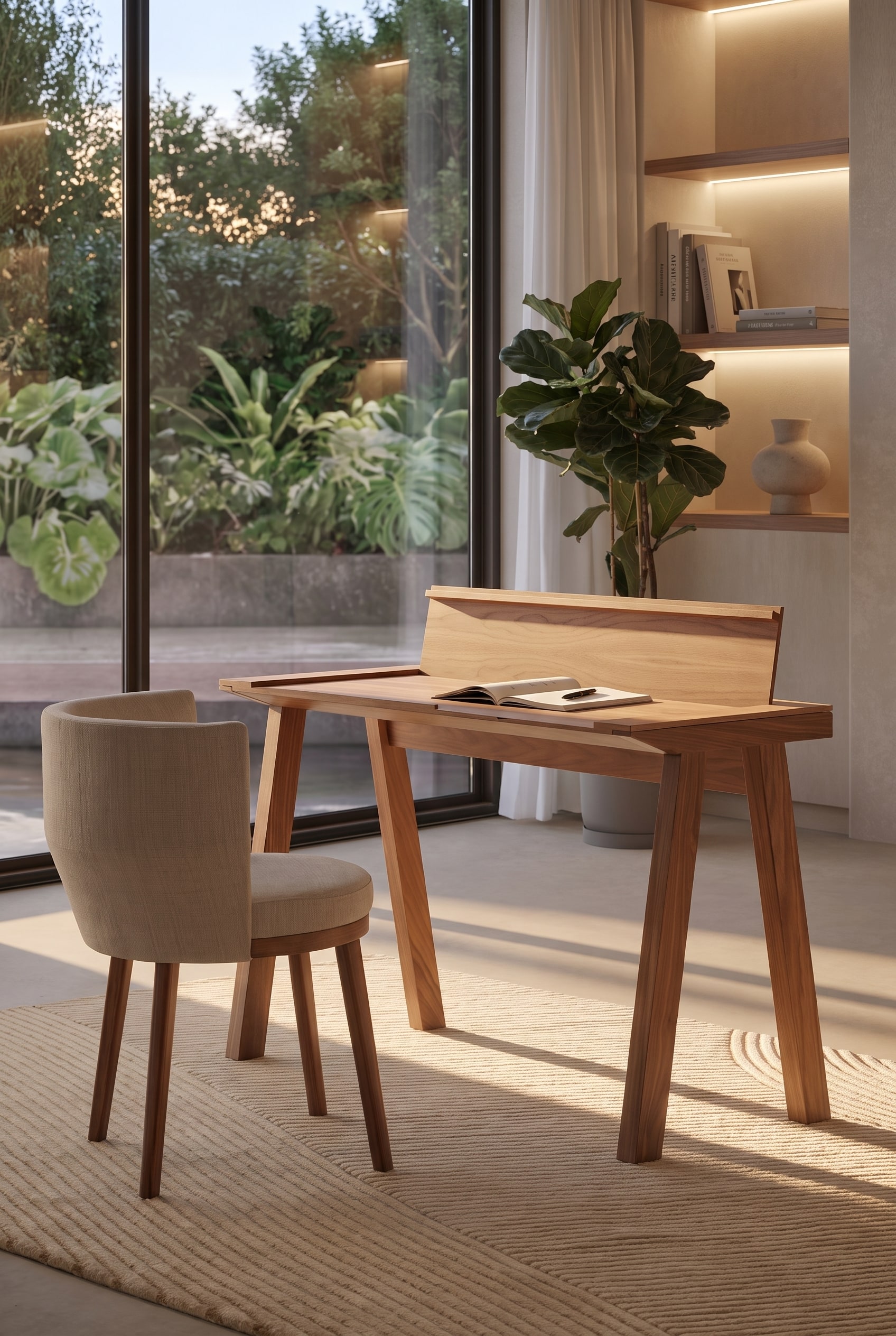 Elegante scrivania segretario in legno con alzata ripiegata e una comoda sedia imbottita beige su un tappeto chiaro