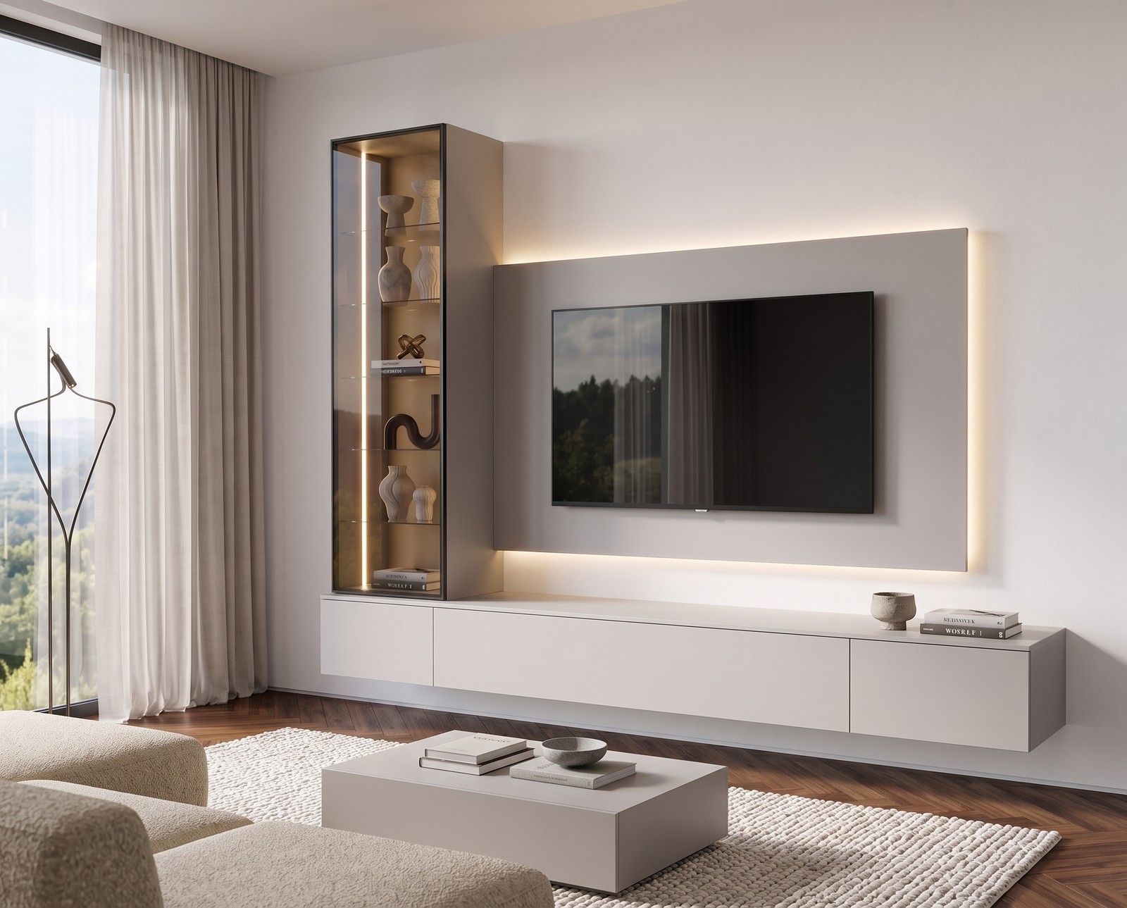 Livitalia C109 wall unit in light grey in a living room Livitalia C109 wall unit in light grey in a living room
