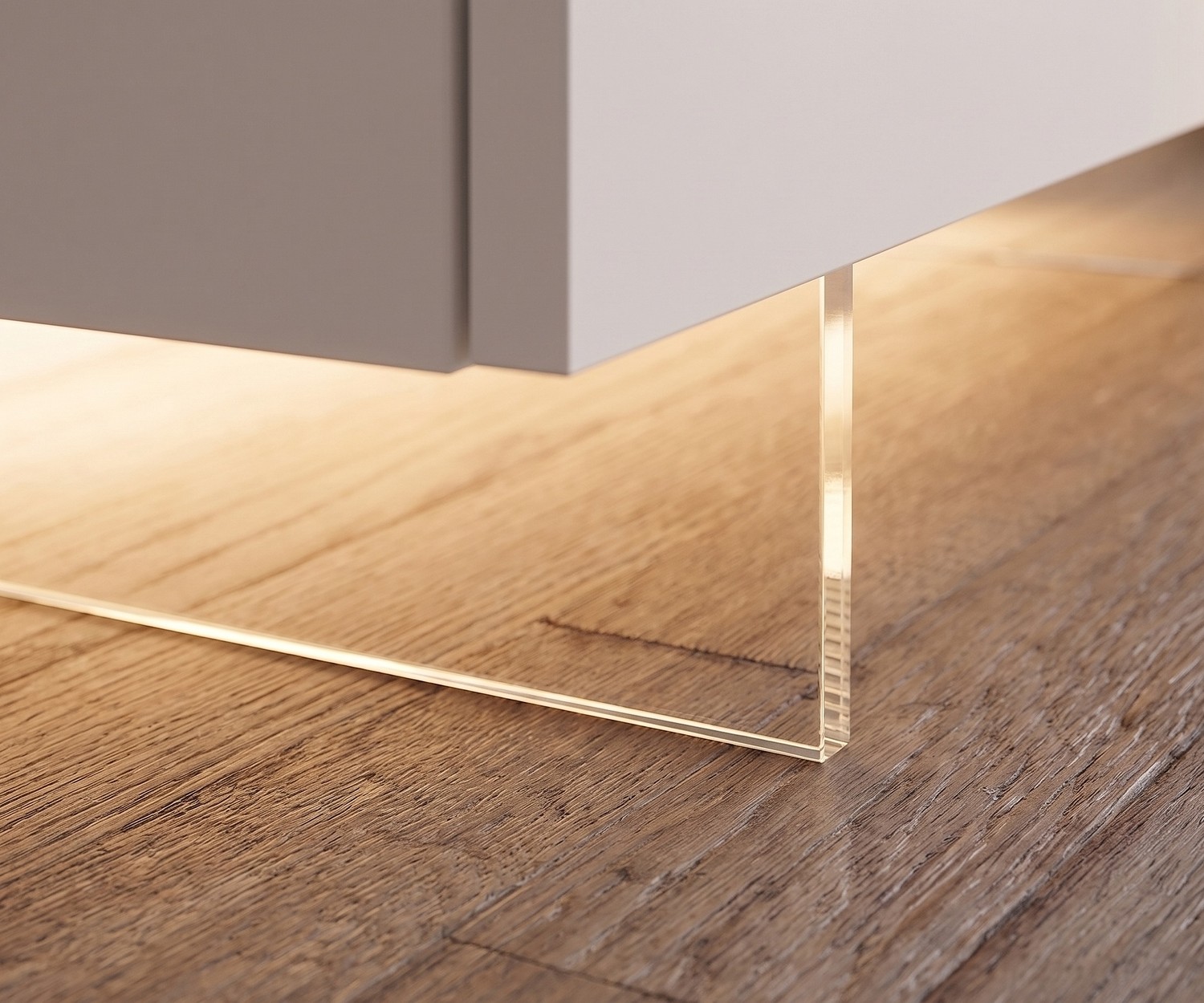 Livitalia Transparent TV Lowboard Plinth Livitalia transparent TV base for floating lowboards, clear acrylic with LED lighting on wooden floor in living room.