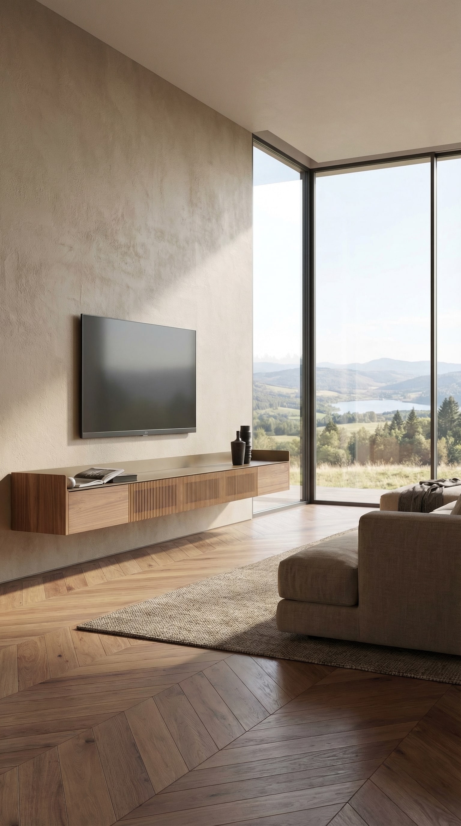 Wohnzimmer mit bodentiefen Fenstern, schwebendem schlanken Holz-Lowboard und nat&uuml;rlichem Lichteinfall.