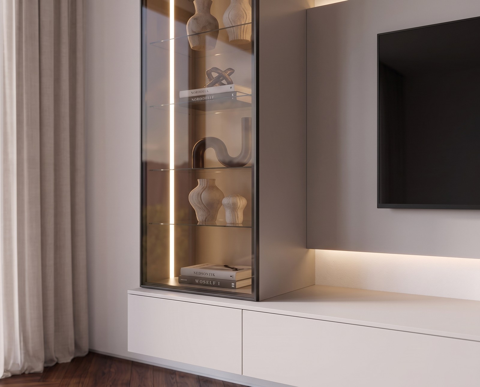 Smoked glass cabinet with LED of the C109 wall unit in light grey Smoked glass cabinet with LED of the C109 wall unit in light grey