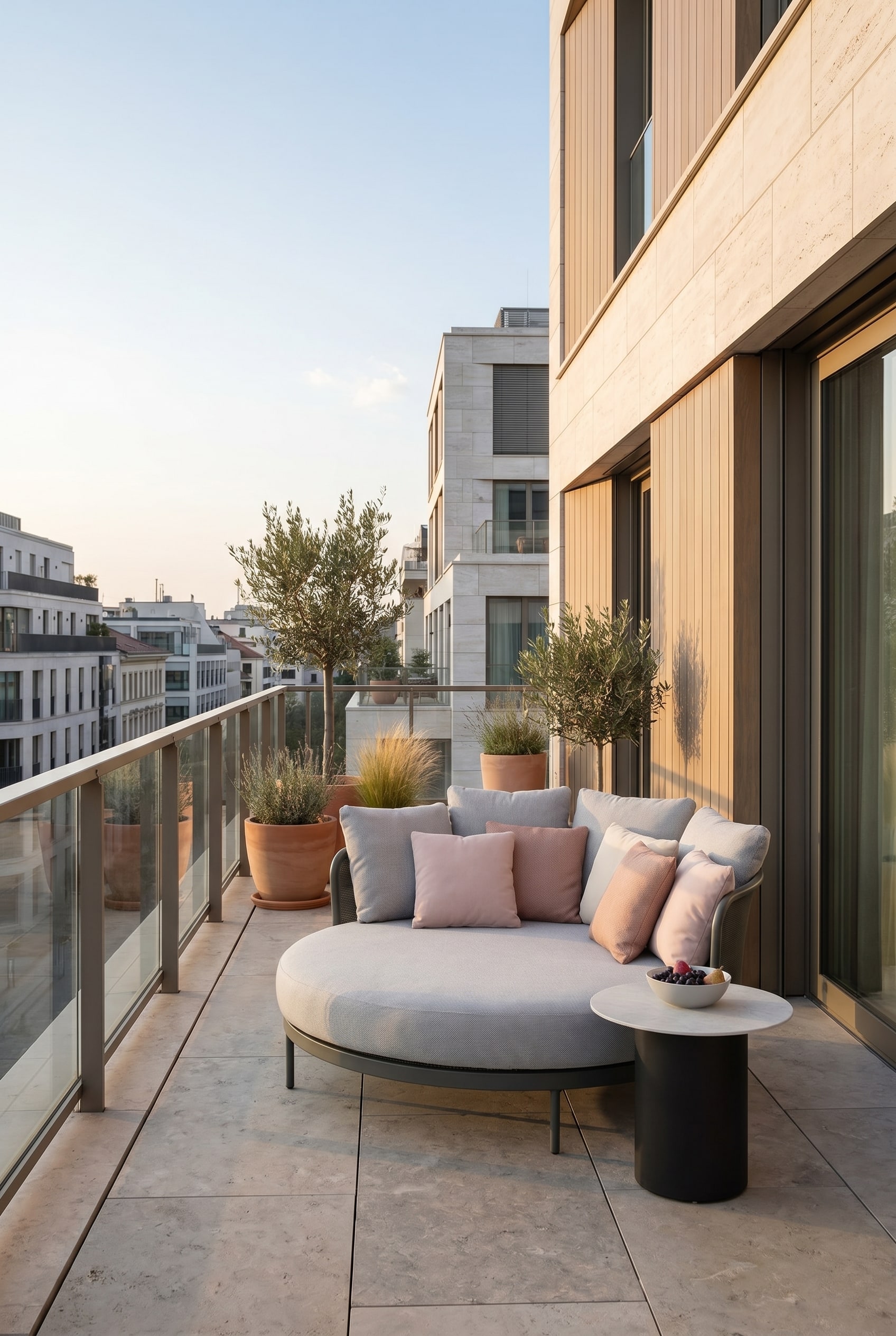 Ampio balcone cittadino con un daybed da esterno rotondo grigio chiaro con cuscini spessi, affiancato da un tavolino basso
