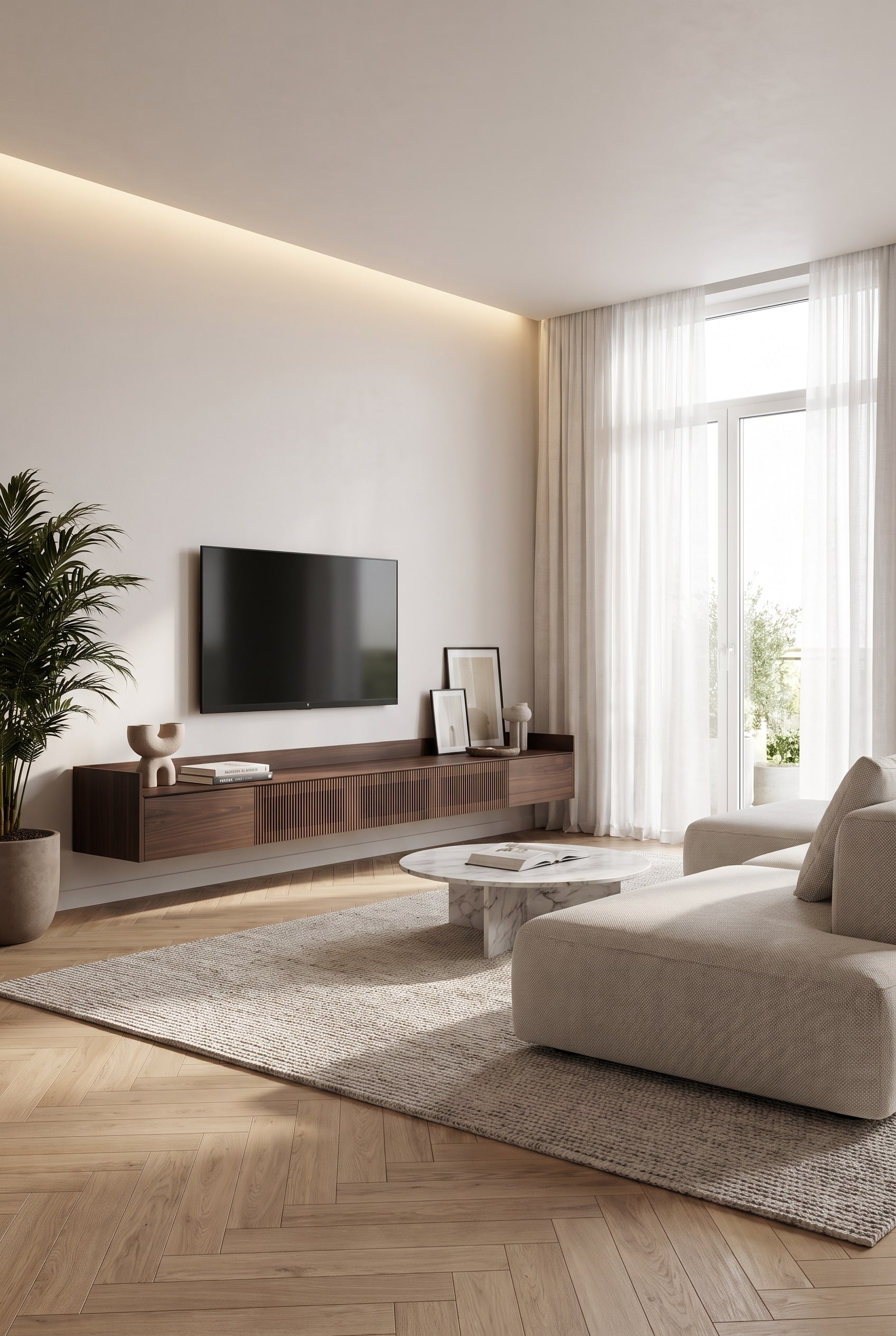 Minimalistische woonkamer met wandhangend houten lowboard, greeploze fronten en subtiele LED-achtergrondverlichting.