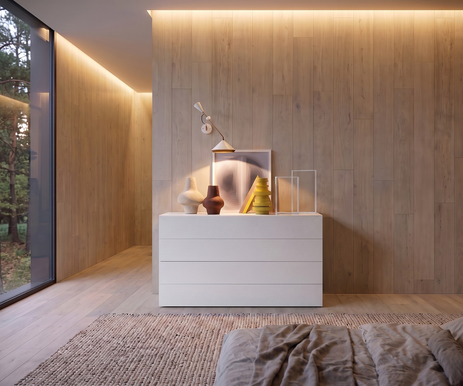 Novamobili Kommode Easy mit 4 Schubladen in Weiß Novamobili Kommode Easy mit 4 Schubladen für das Schlafzimmer in Mattweiß vor einer modernen Wandverkleidung aus Holz.