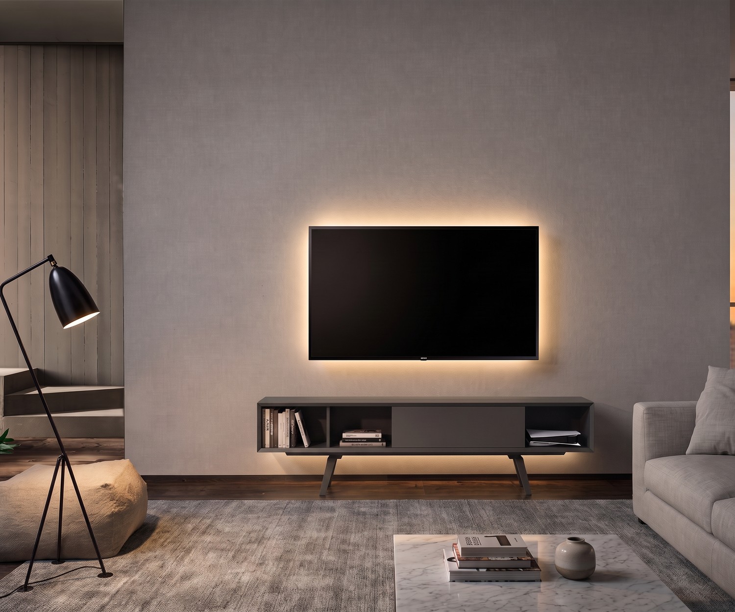 TV lowboard e-klipse 005 for the living room. Modern white media console unit under a wall-mounted television.