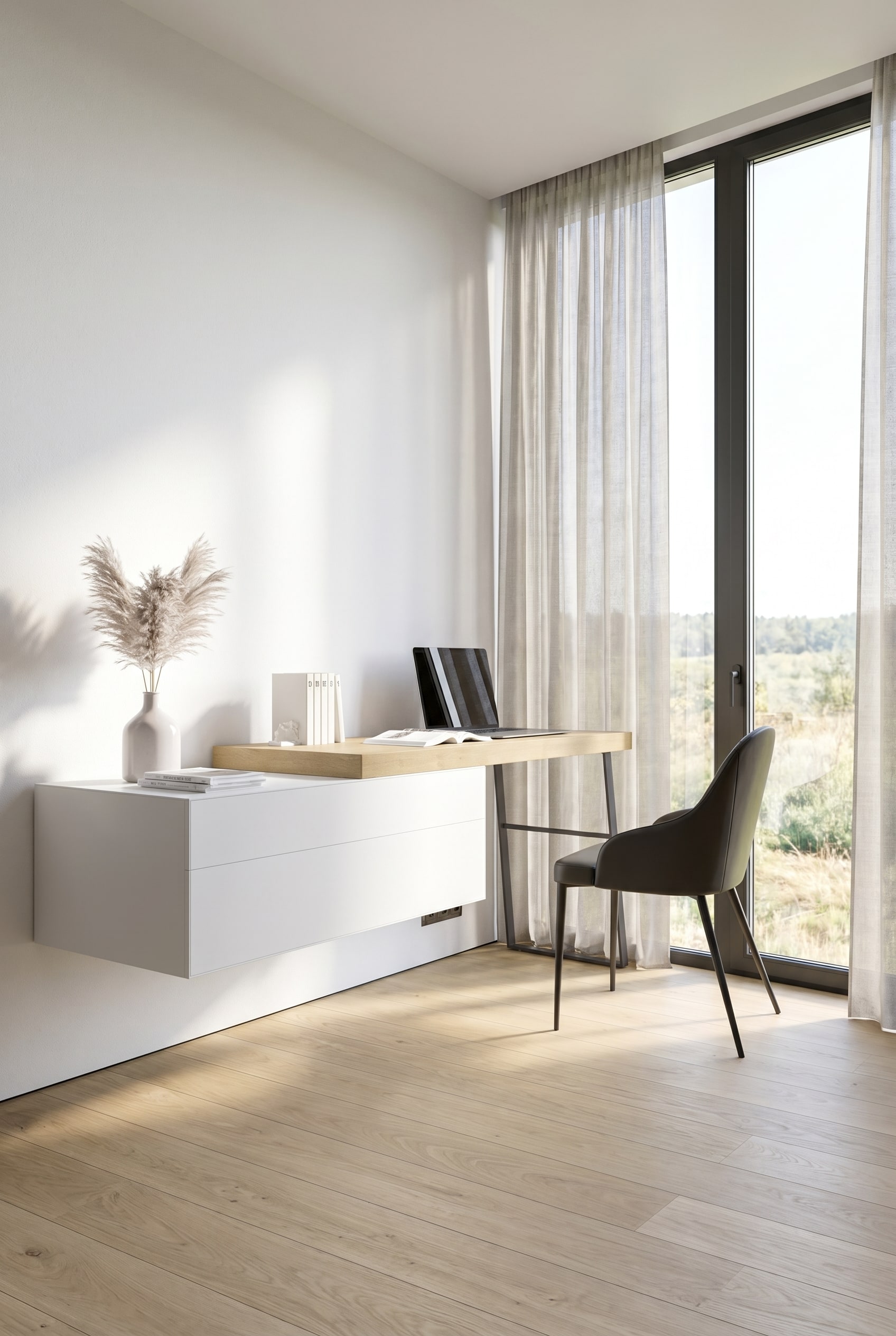A floating, modular wall chest of drawers in white in a modern, bright room. A floating, modular wall chest of drawers in white in a modern, bright room.