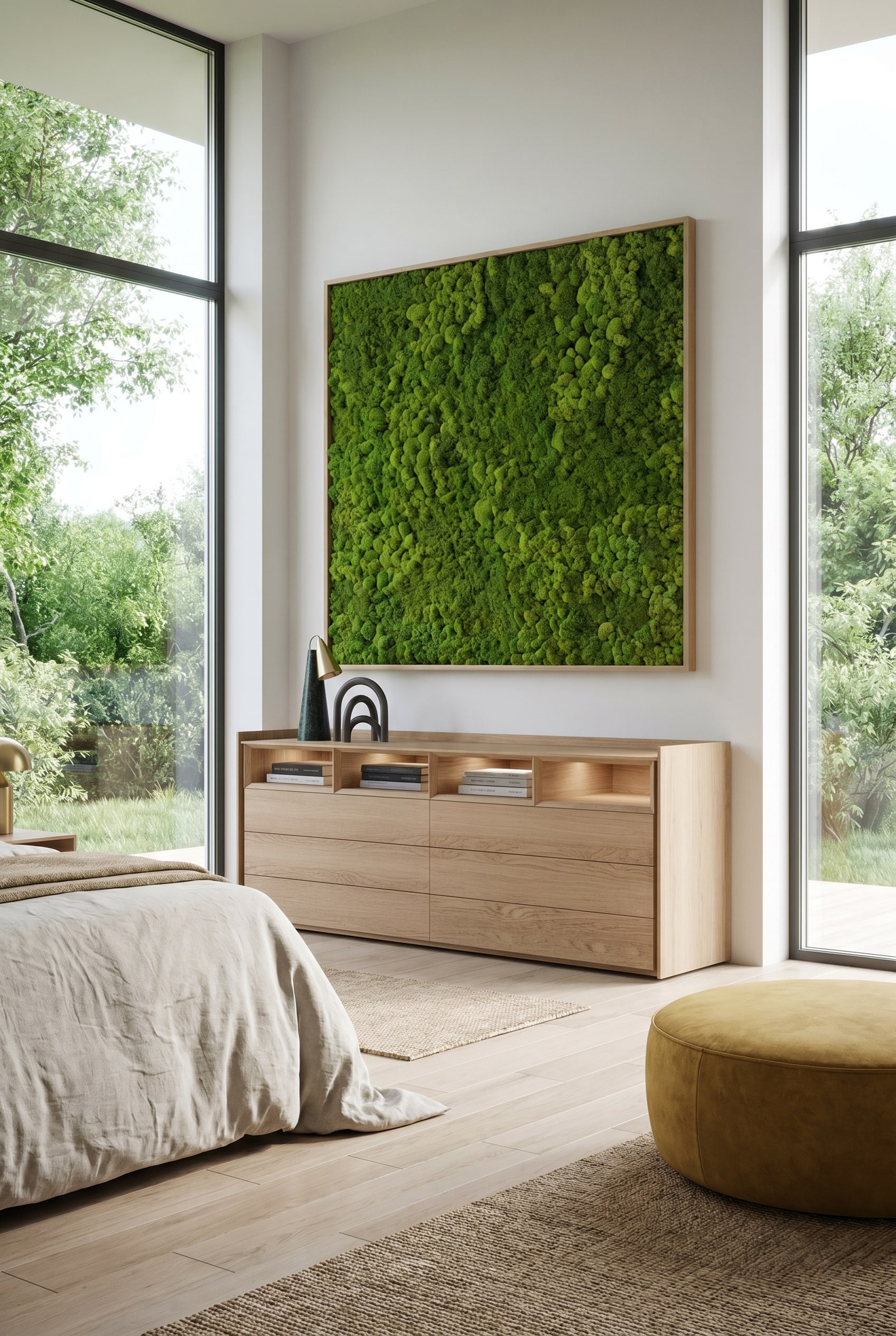 Camera da letto con com&ograve; in legno di quercia con vani aperti, sopra un quadro di muschio e un pouf giallo
