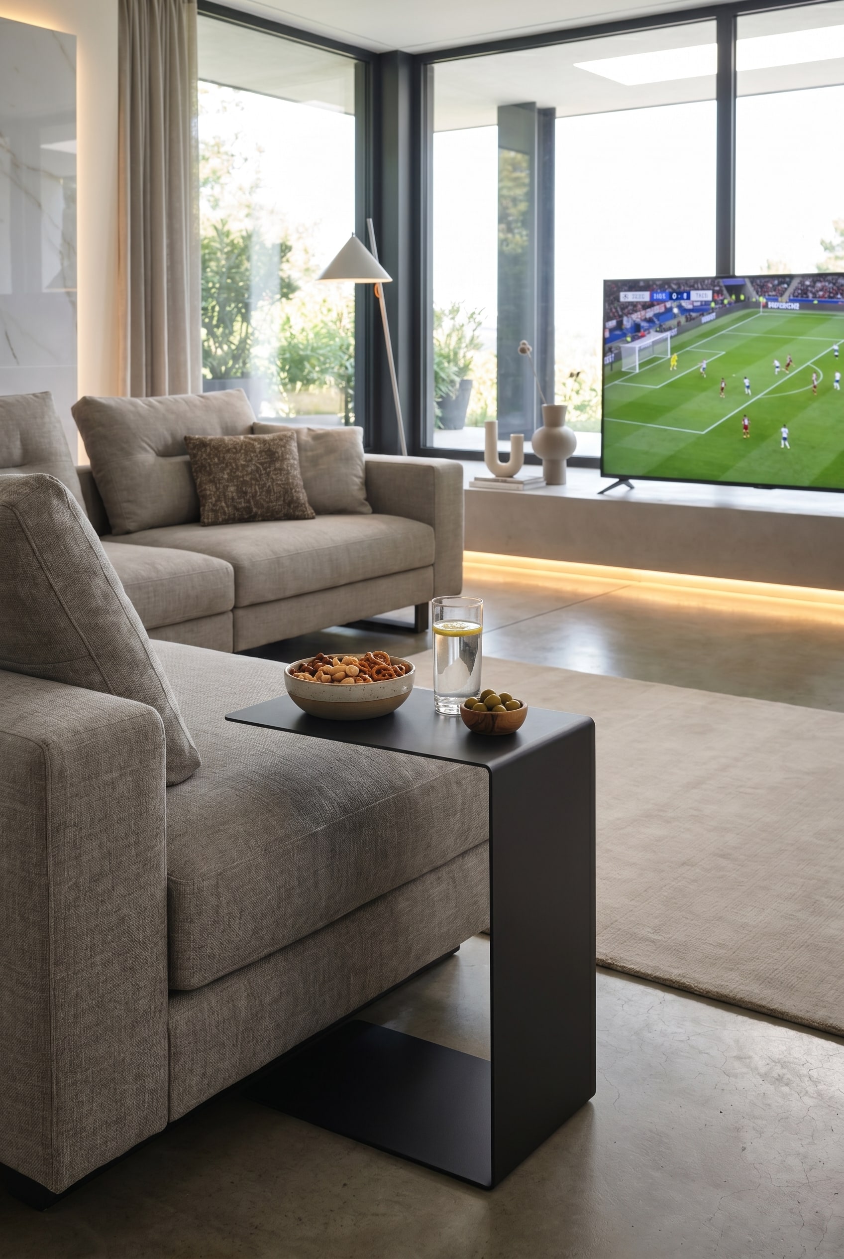 Un moderno tavolino di servizio Marelli Mini Sofa a forma di C, il cui piano d'appoggio con una bevanda e snack si estende sopra il bracciolo di un comodo divano.