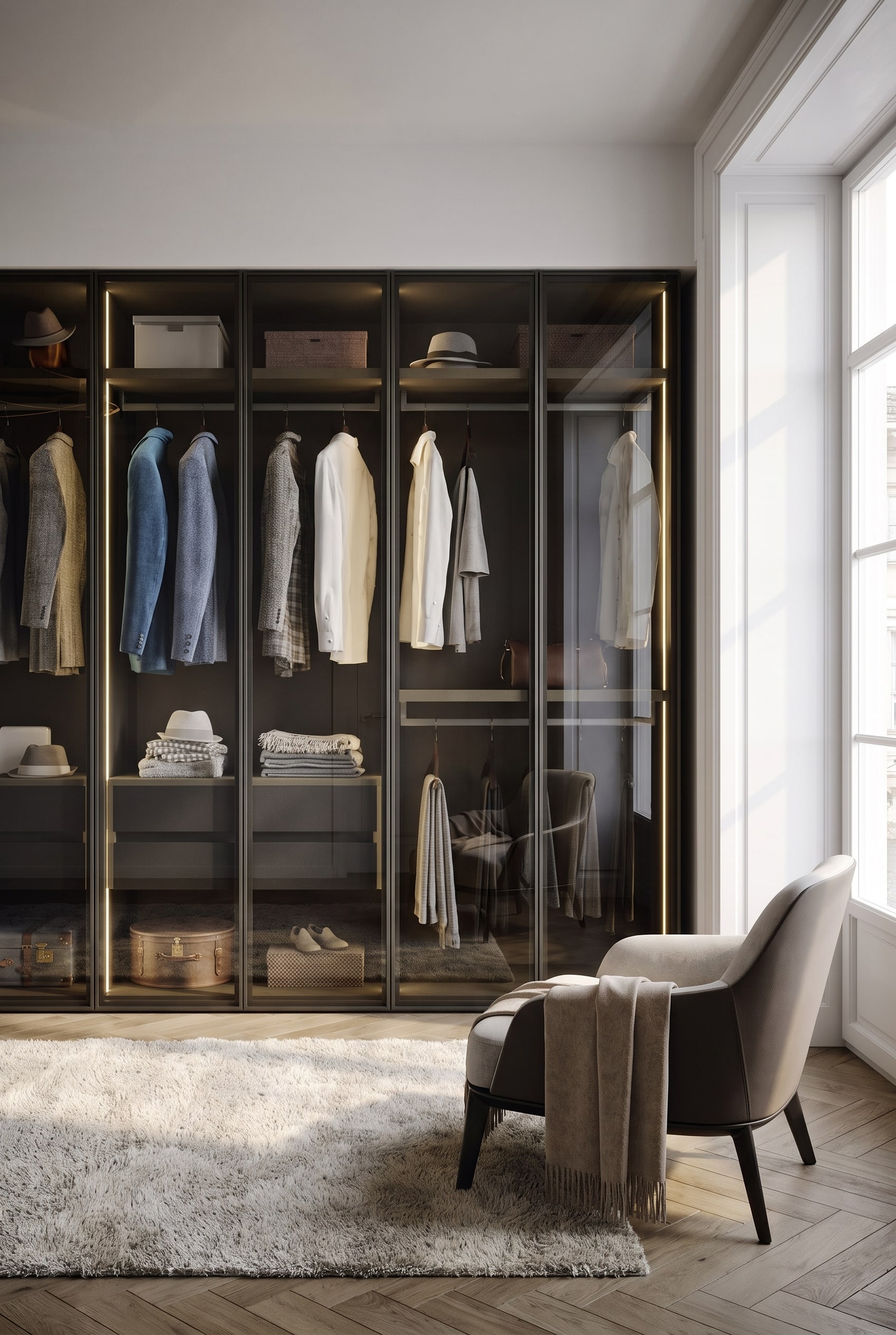 Moderne designkledingkast met getinte rookglazen fronten en geactiveerde led-verlichting, waardoor kleding zachtjes doorschijnt