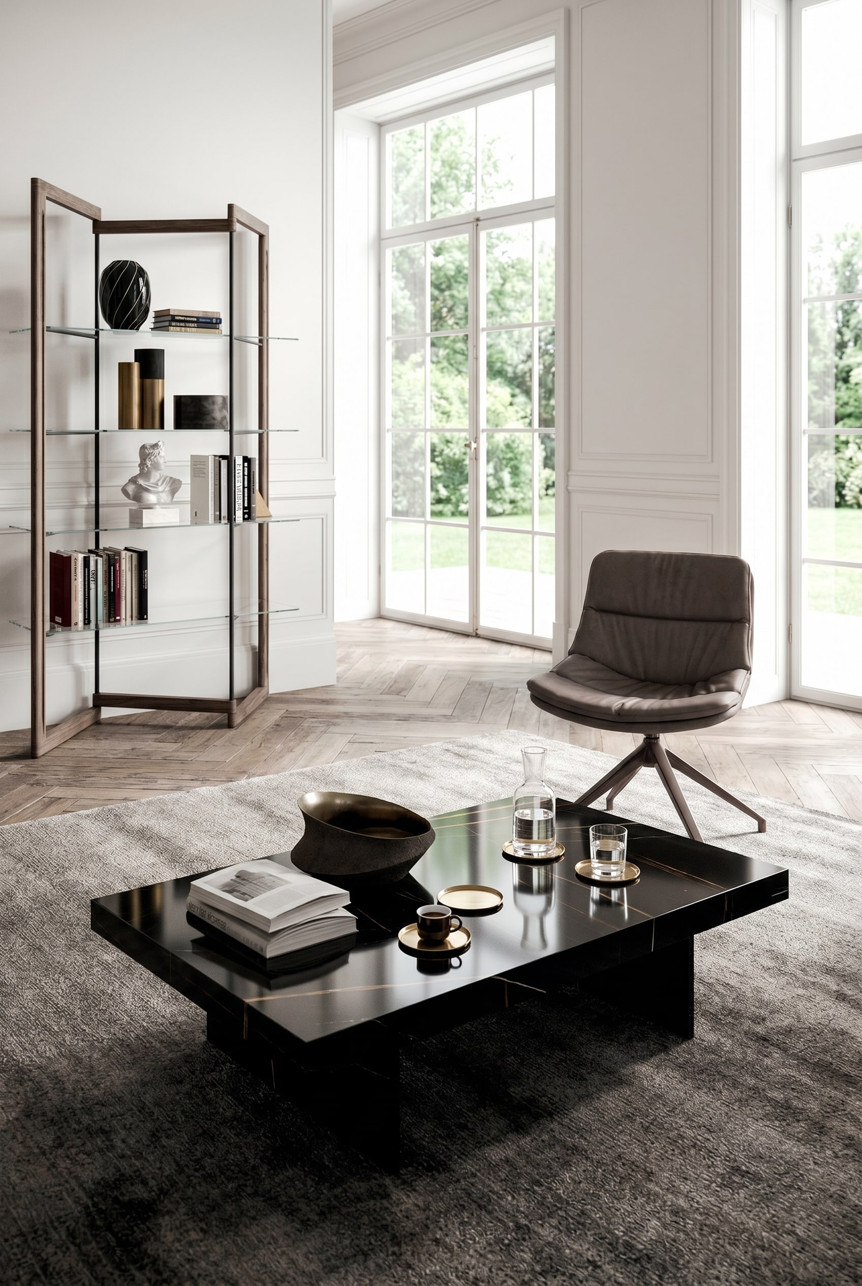 Donkere houten salontafel in Dark Luxury stijl, gedecoreerd met gestapelde travertin onderzetters en een glanzende bronzen schaal