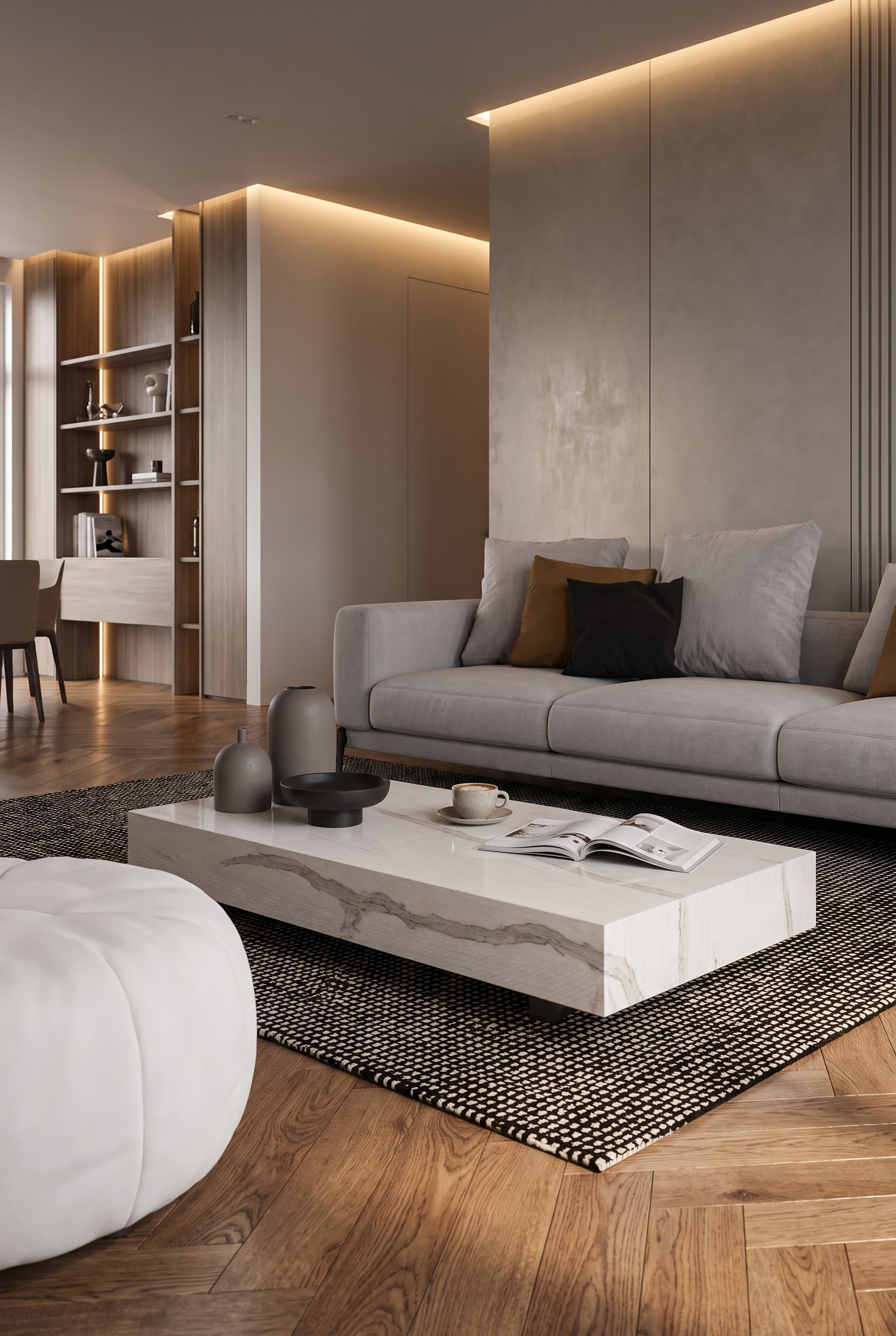 Höhenverstellbarer Couchtisch in moderner Holzoptik in einem kompakten, hellen Wohnbereich