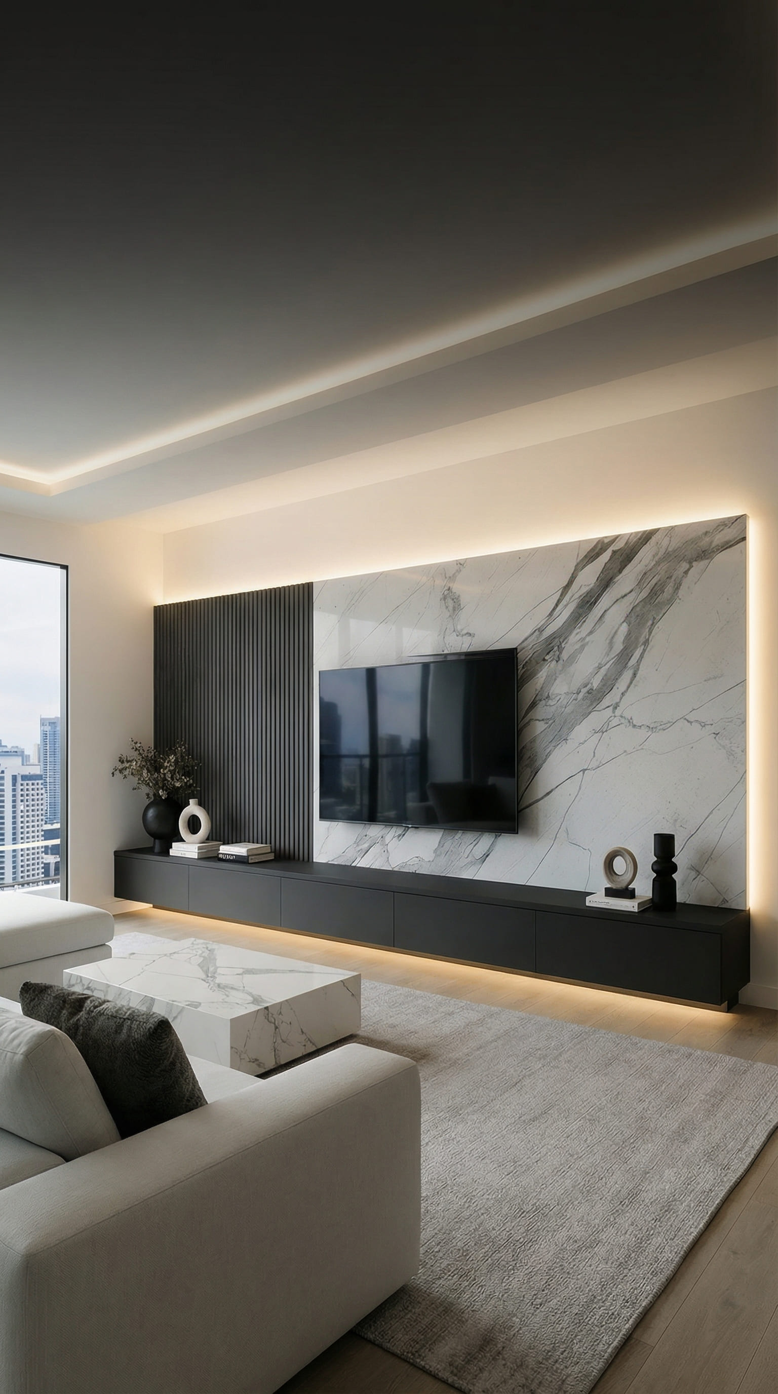 Luxuriöse TV Wand mit Marmor Paneel und Akustik Lamellen Luxuriöse TV Wand mit Marmor Paneel und Akustik Lamellen