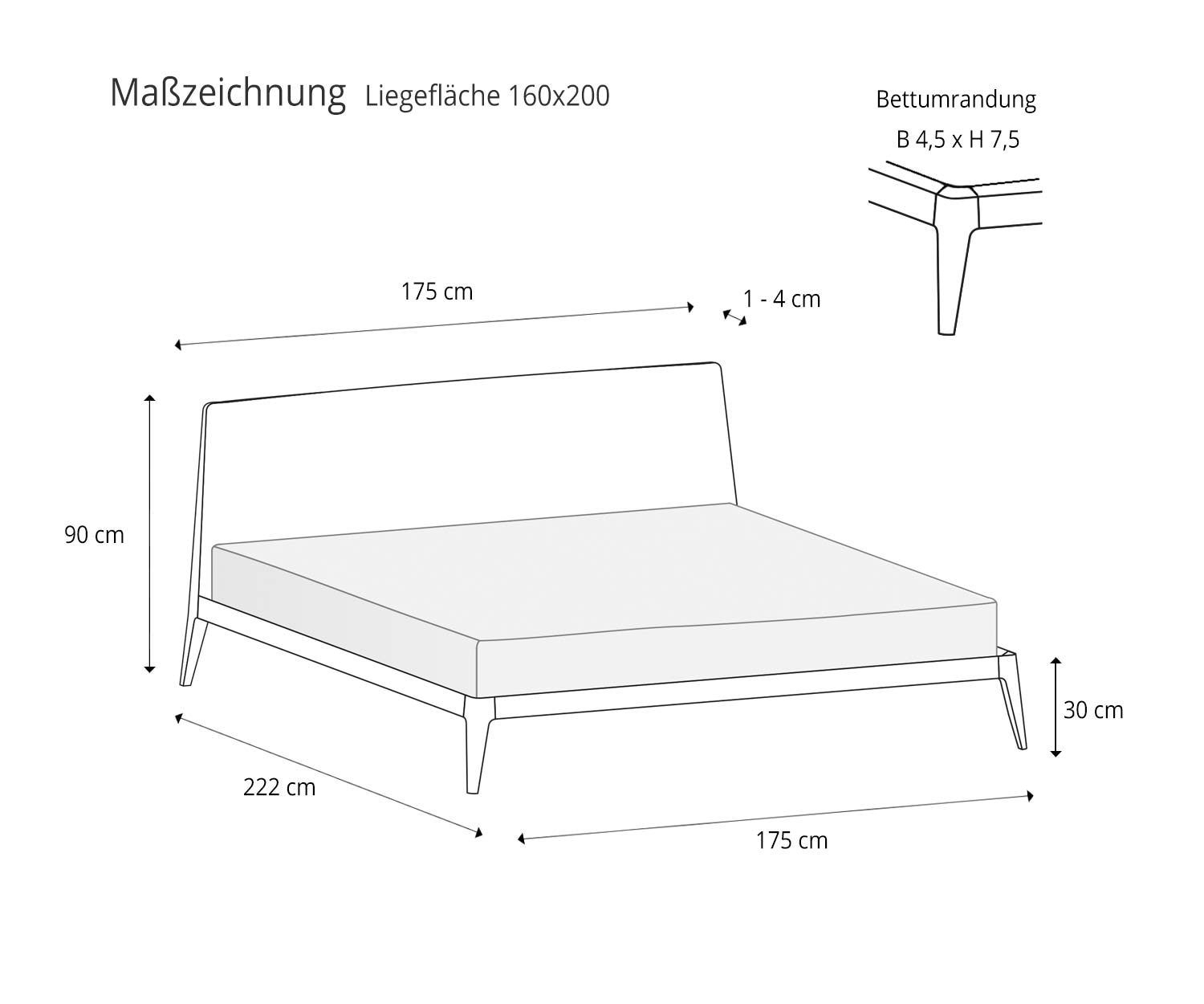 Novamobili Siri Design Bett Skizze Maße Größen Liegefläche 160x200