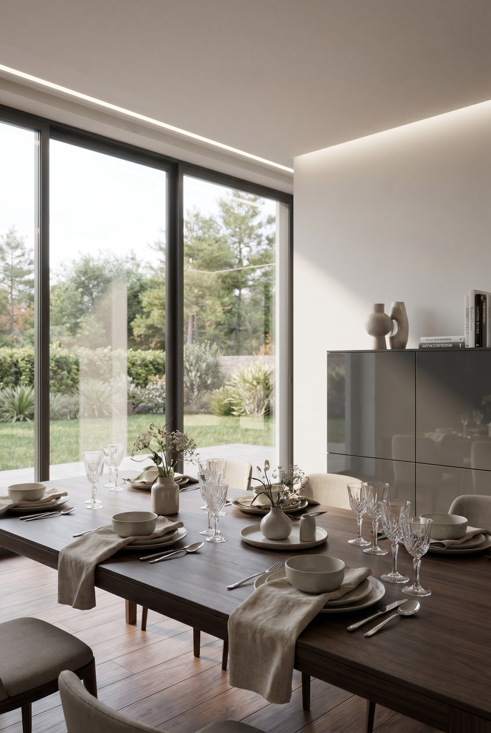 Mat, puristisch highboard in de eetruimte