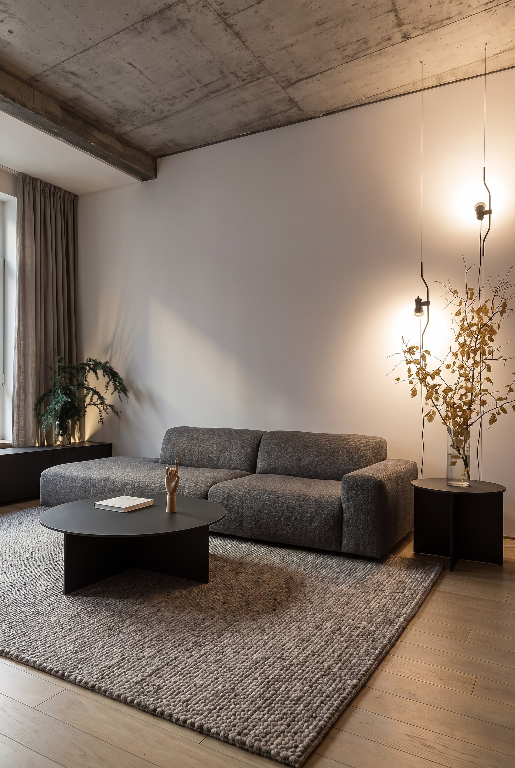 Divano in pelle grigio di alta qualit&agrave; in un soggiorno architettonicamente pulito con pavimento in legno caldo e luce discreta.