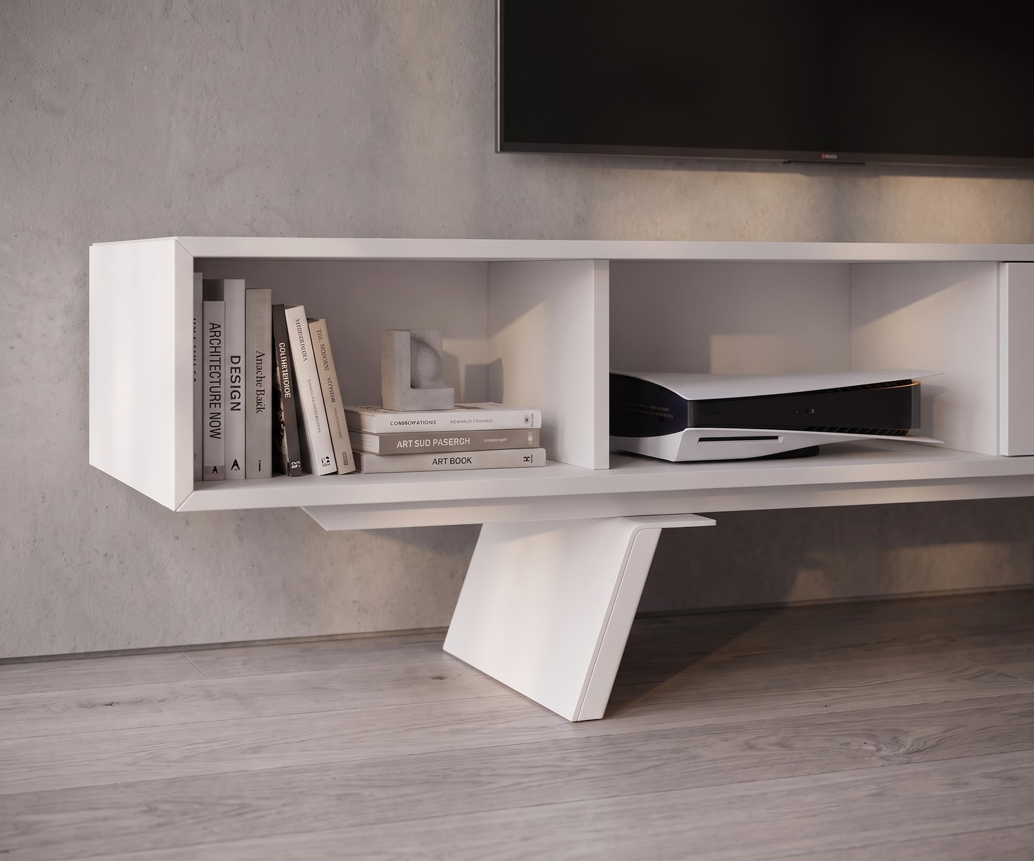 TV lowboard e-klipse 005 for the living room. Modern white media console unit under a wall-mounted television.