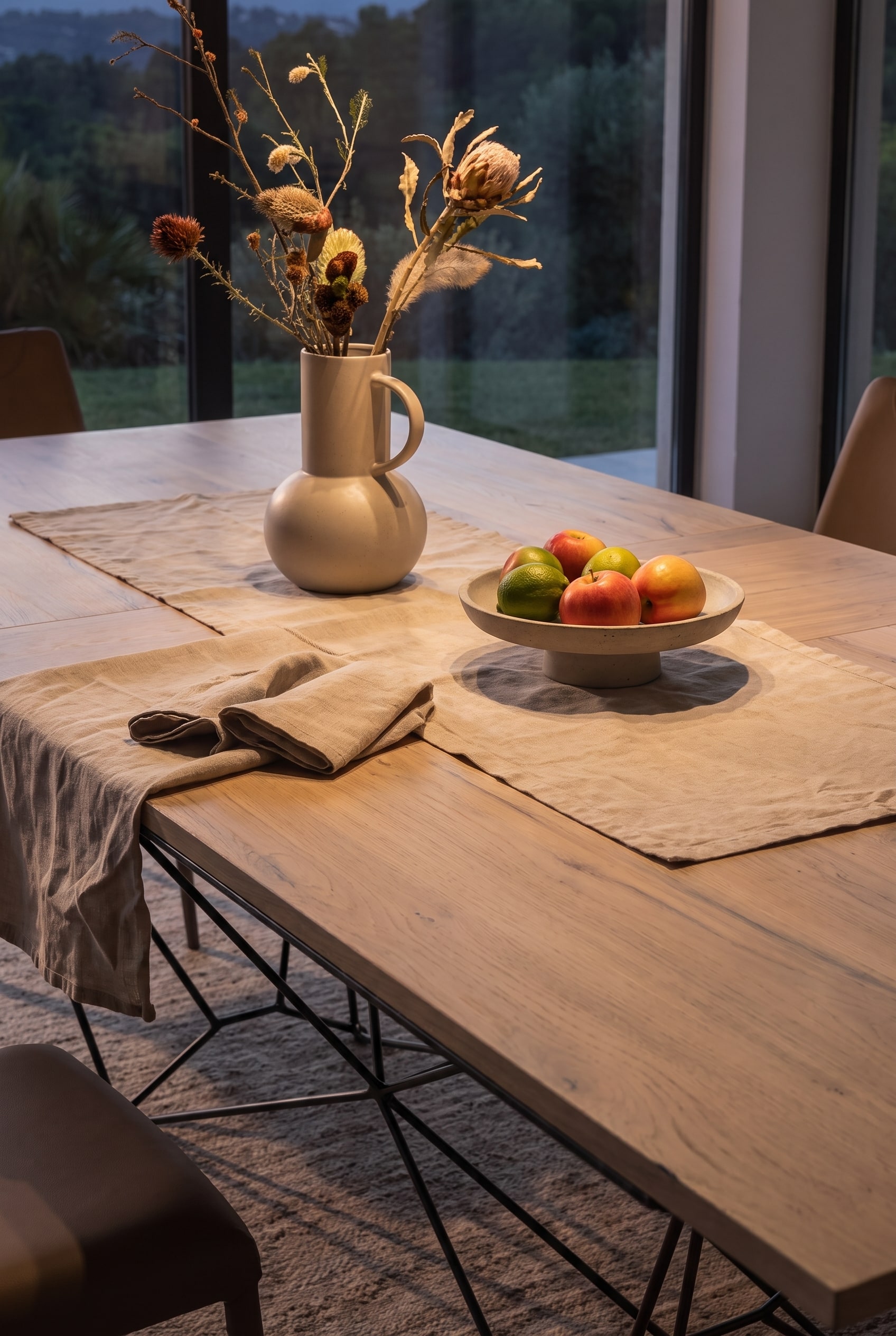 Nahaufnahme der Holzmaserung eines Esstisches mit Leinenl&auml;ufer, Keramikvase und Obstschale.
