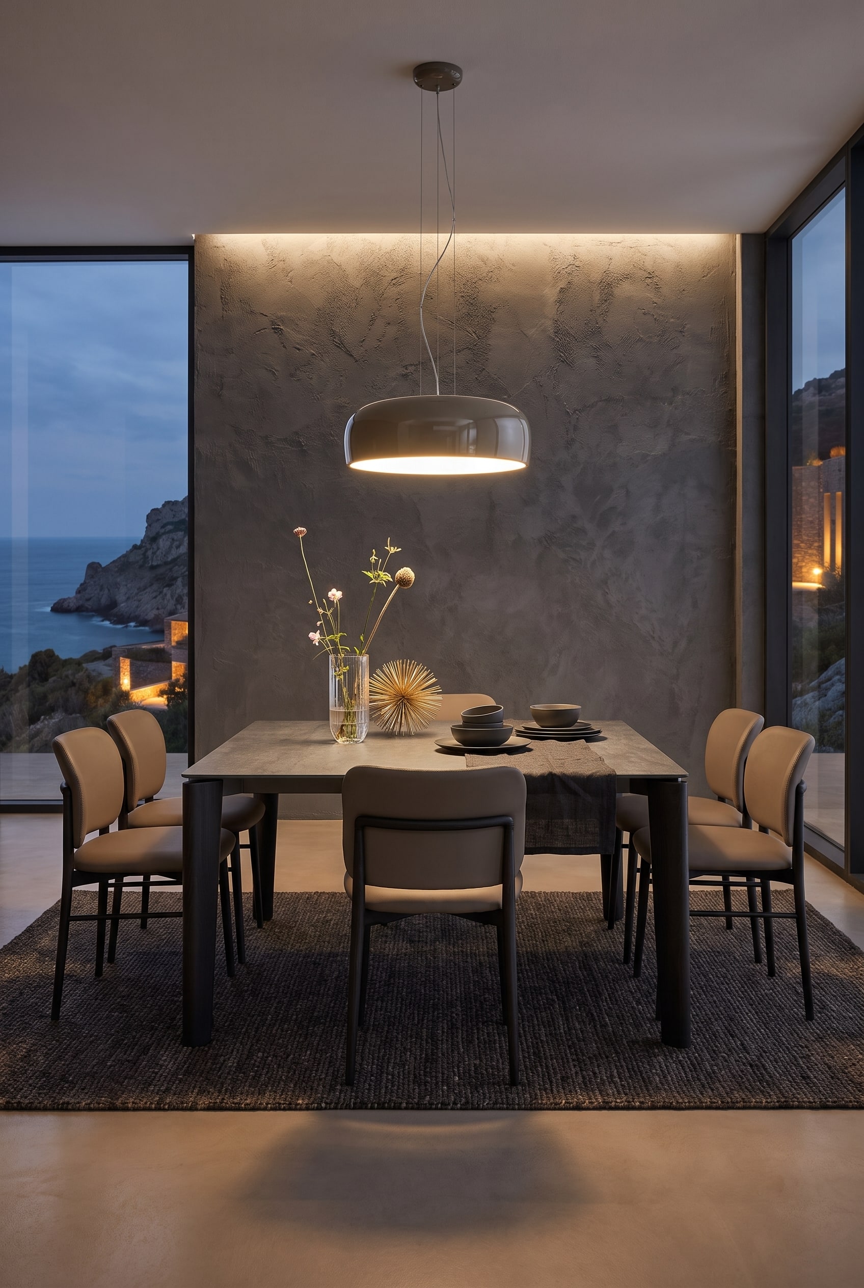 An elegant, monochrome dining room where upholstered chairs create a soft tactile contrast to the smooth, dark dining table.