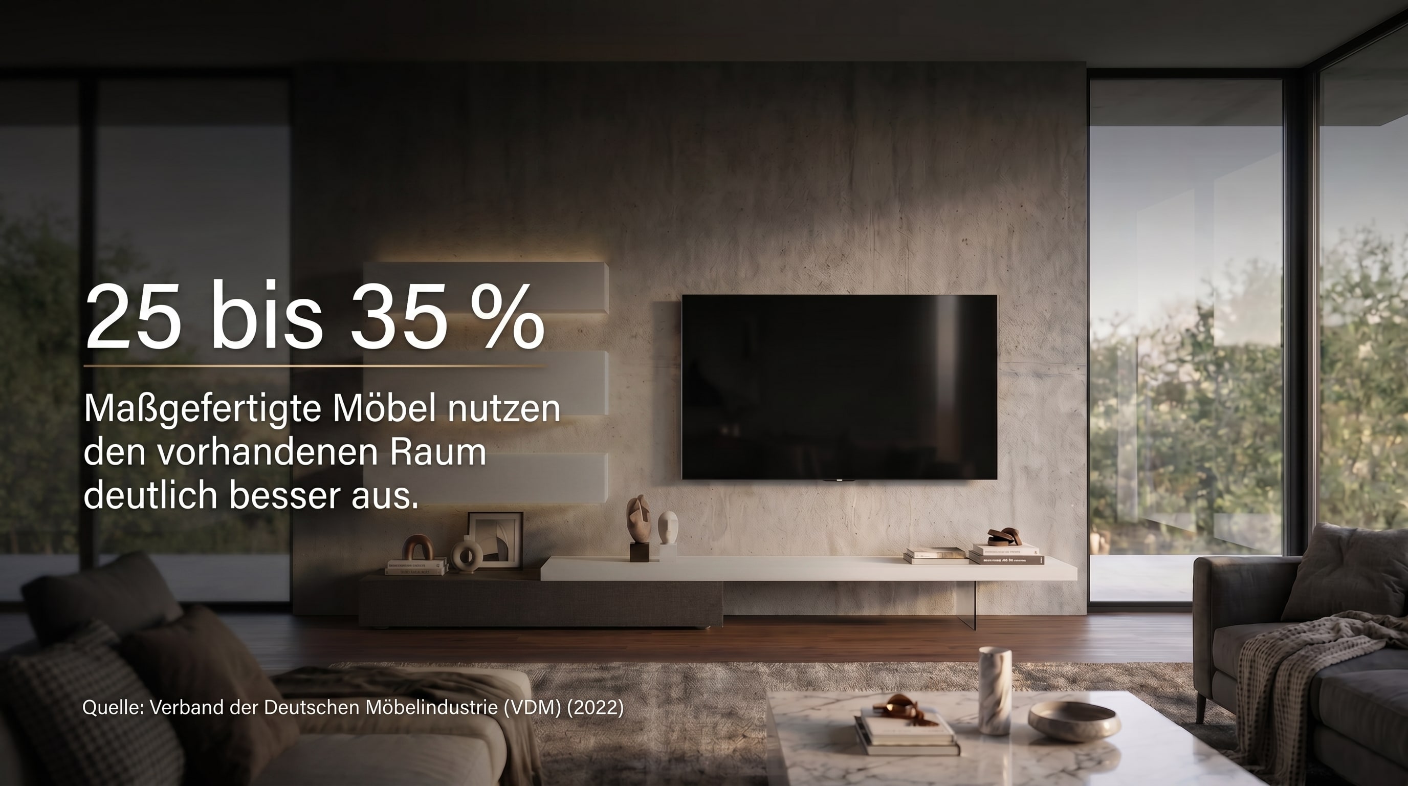 25 bis 35 % – I mobili su misura sfruttano lo spazio disponibile in modo significativamente migliore.