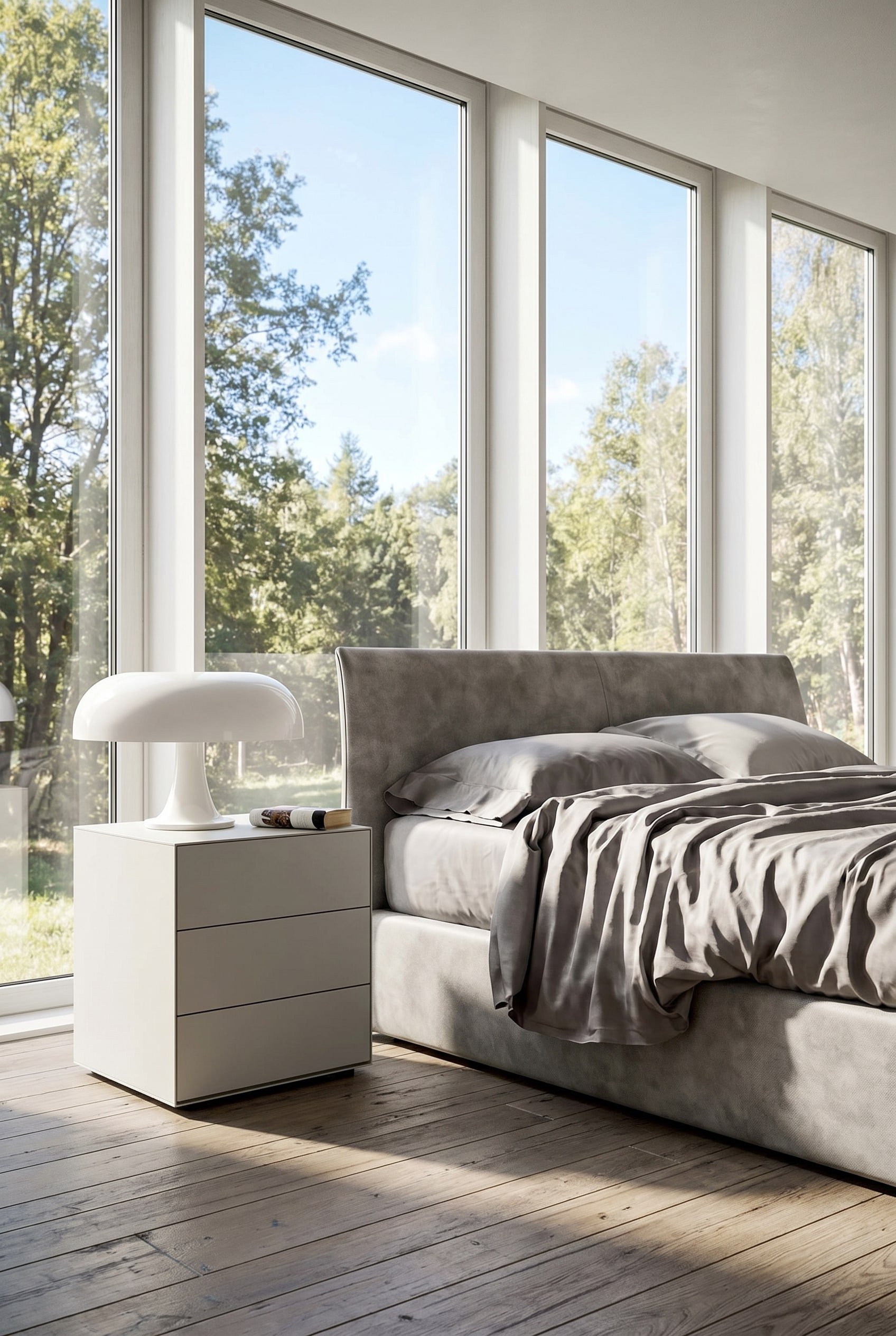 Livitalia Ecletto Nightstand with 3 drawers next to a high box spring bed in a bright bedroom Livitalia Ecletto Nightstand with 3 drawers next to a high box spring bed in a bright bedroom