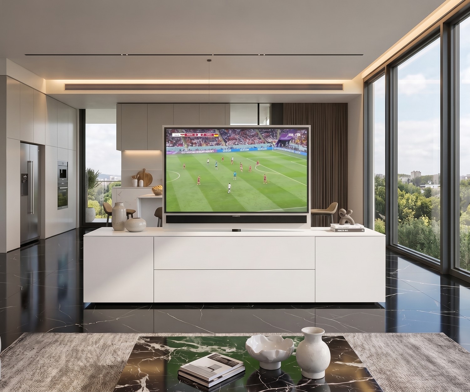 Livitalia Roto Sideboard Room Divider with Rotating TV Panel Livitalia Roto sideboard room divider with rotating TV panel in a modern white matte living room.