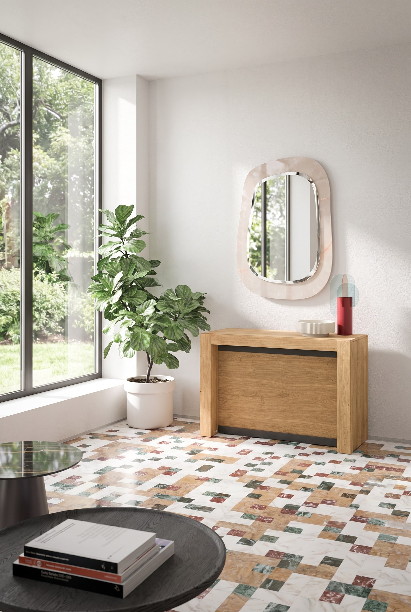Stanza luminosa con una consolle in legno chiusa a parete davanti a un pavimento in pietra fantasia