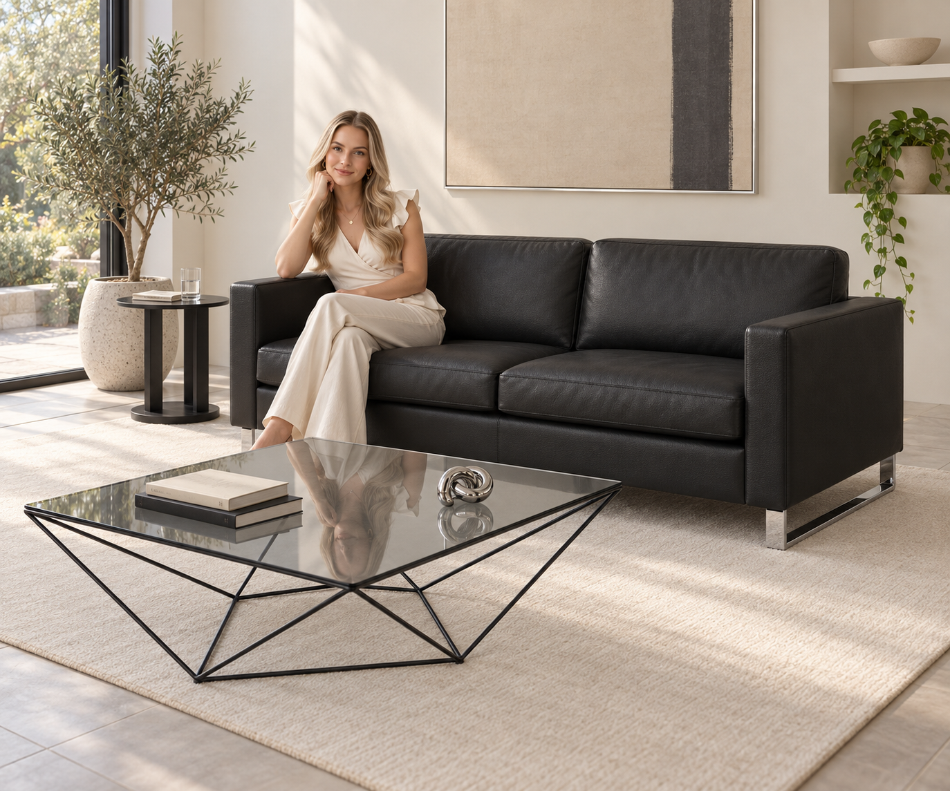Livitalia Sofa Vinaro, 206 × 91 cm, Seminole 04 Black, genuine leather, chrome runners – Angled view with Mira Celini