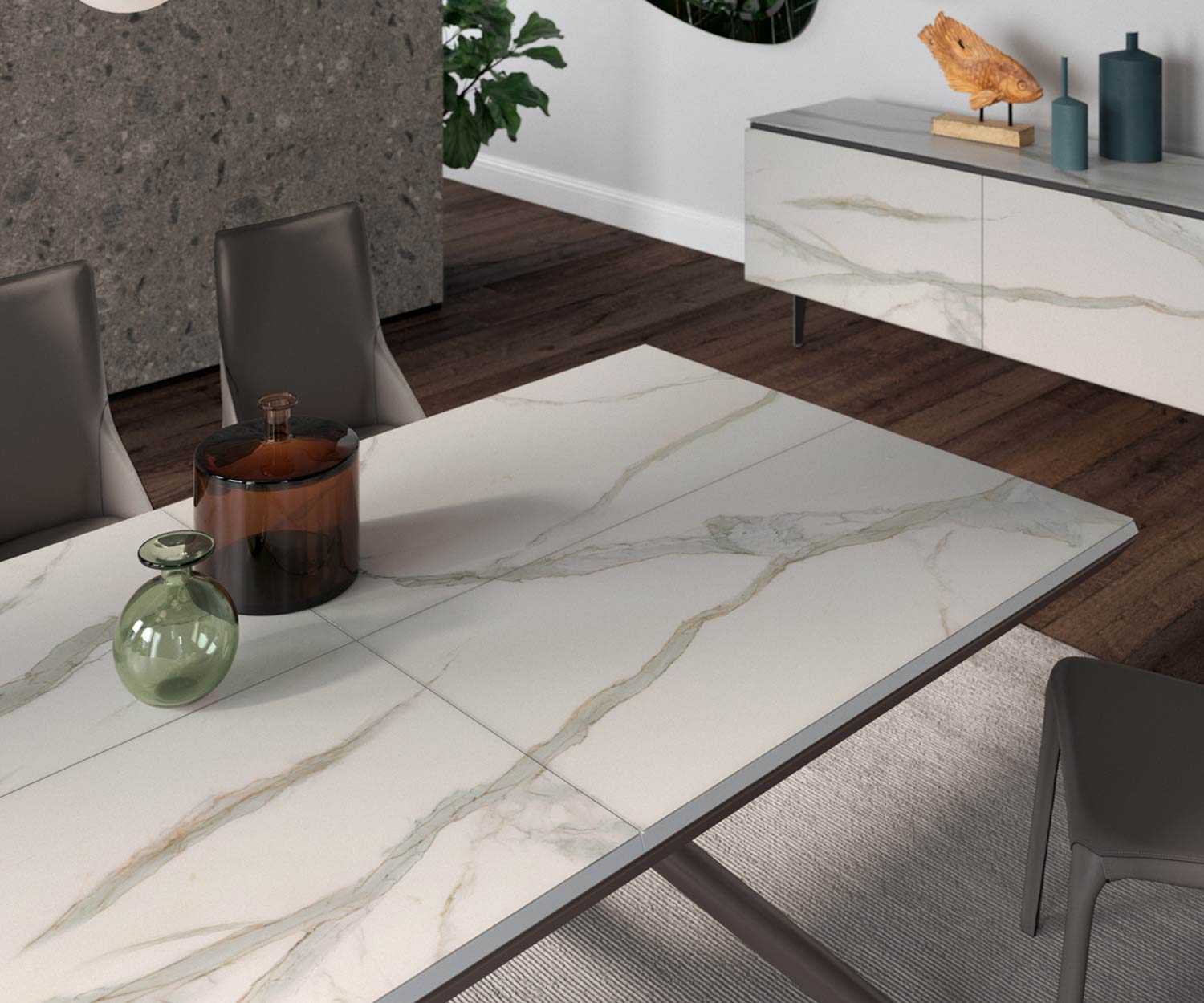 Design Esstisch Detail Calacatta Gold Marmor rechteckige Tischplatte