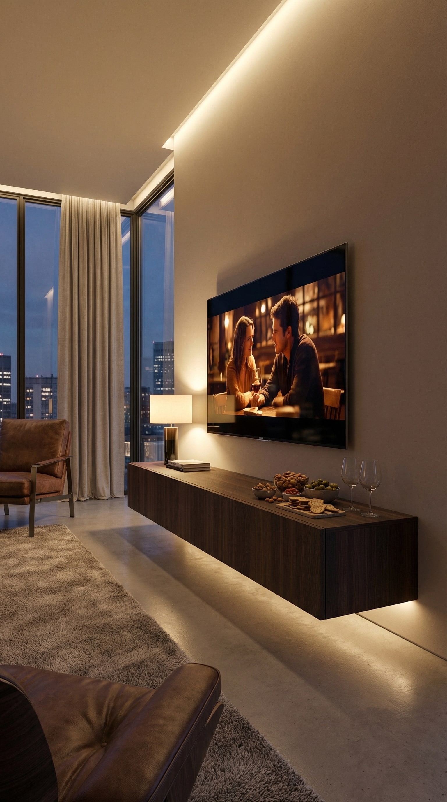 Langes, dunkelbraunes Eichen-Lowboard, elegant an der Wand schwebend, in einem stilvollen Wohnzimmer. Langes, dunkelbraunes Eichen-Lowboard, elegant an der Wand schwebend, in einem stilvollen Wohnzimmer.